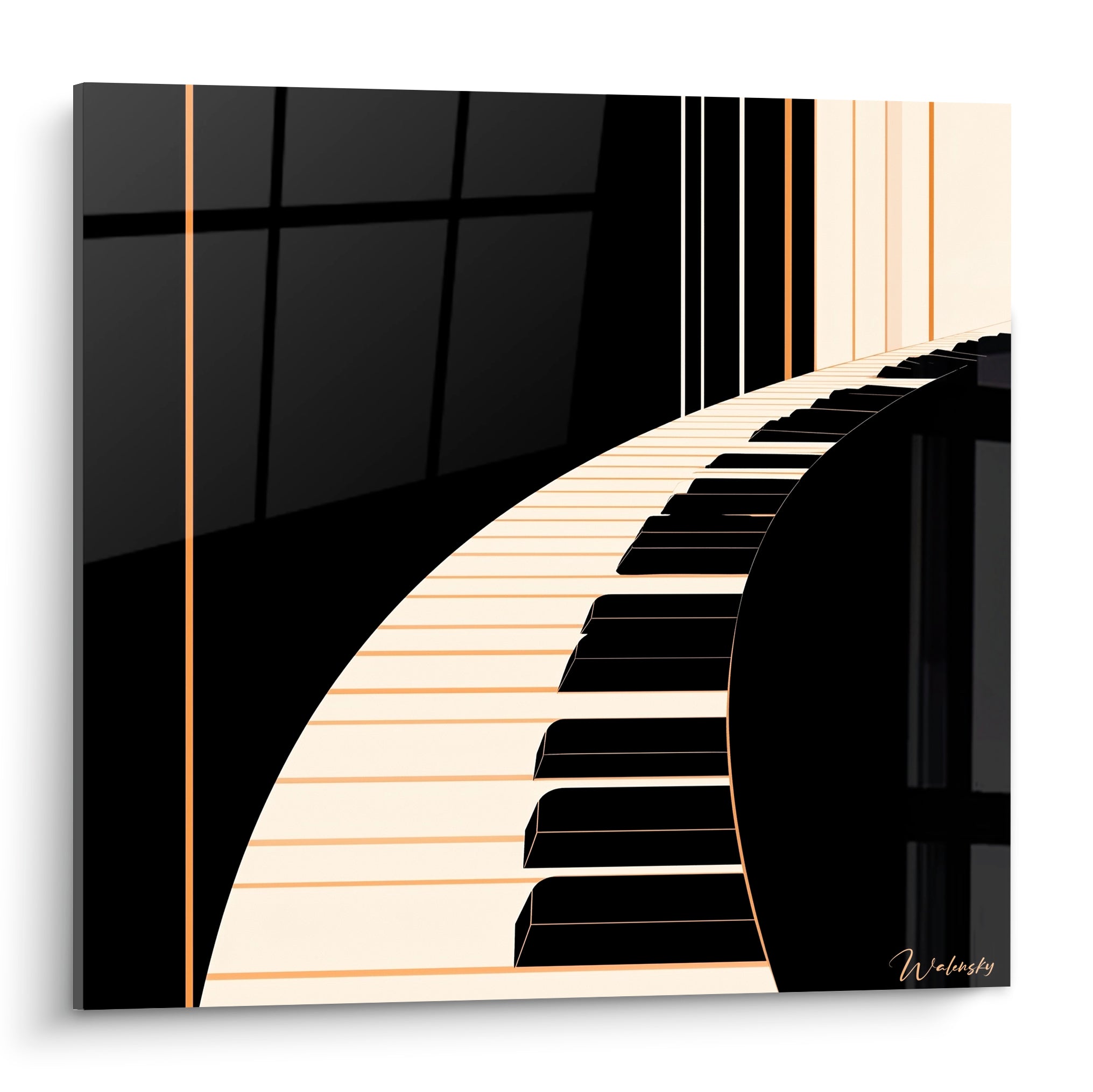 Piano aux touches noir et ivoire ondulant en courbe fluide, traits dorés soulignant la perspective graphique