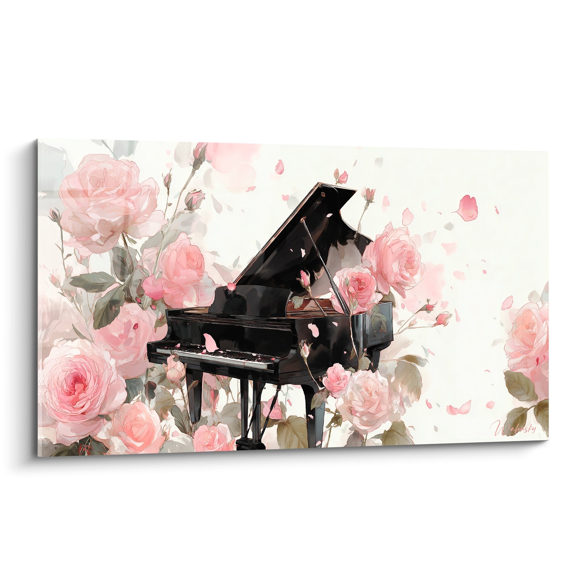 Piano à queue noir laqué entouré de roses roses et pétales flottants sur fond blanc cassé, style aquarelle