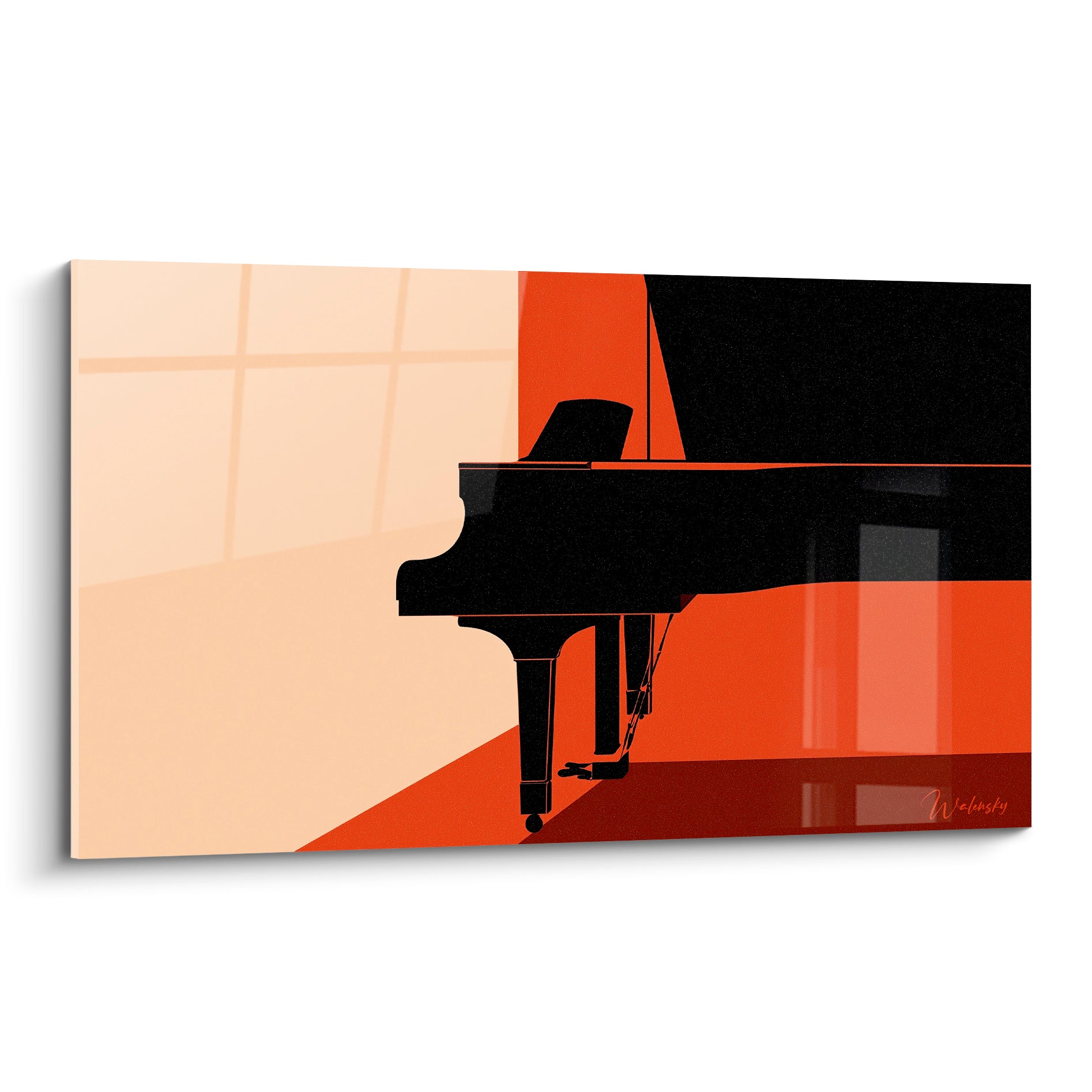 Piano à queue noir silhouetté sur fond terracotta et beige, composition graphique épurée aux teintes chaudes