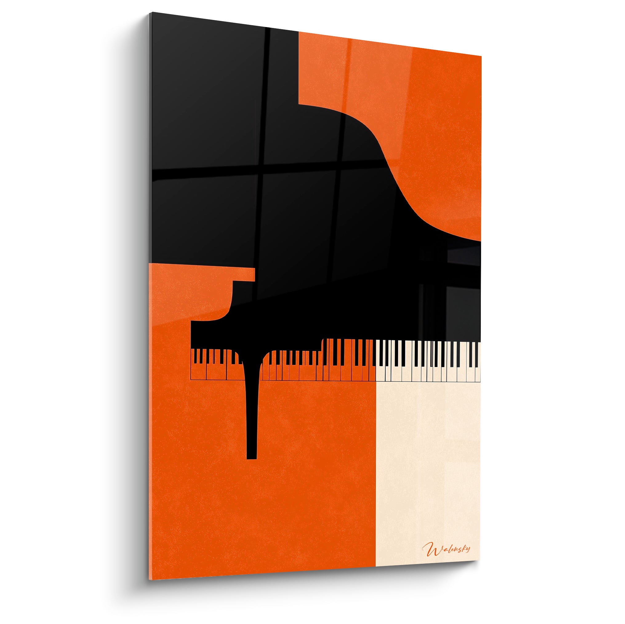 Silhouette de piano à queue noir et terracotta, clavier détaillé, style graphique épuré sur fond crème