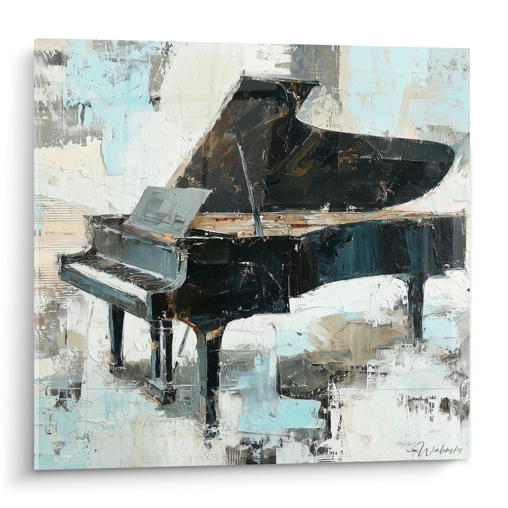 Piano à queue noir aux empâtements texturés sur fond ivoire et bleu poudré, composition picturale