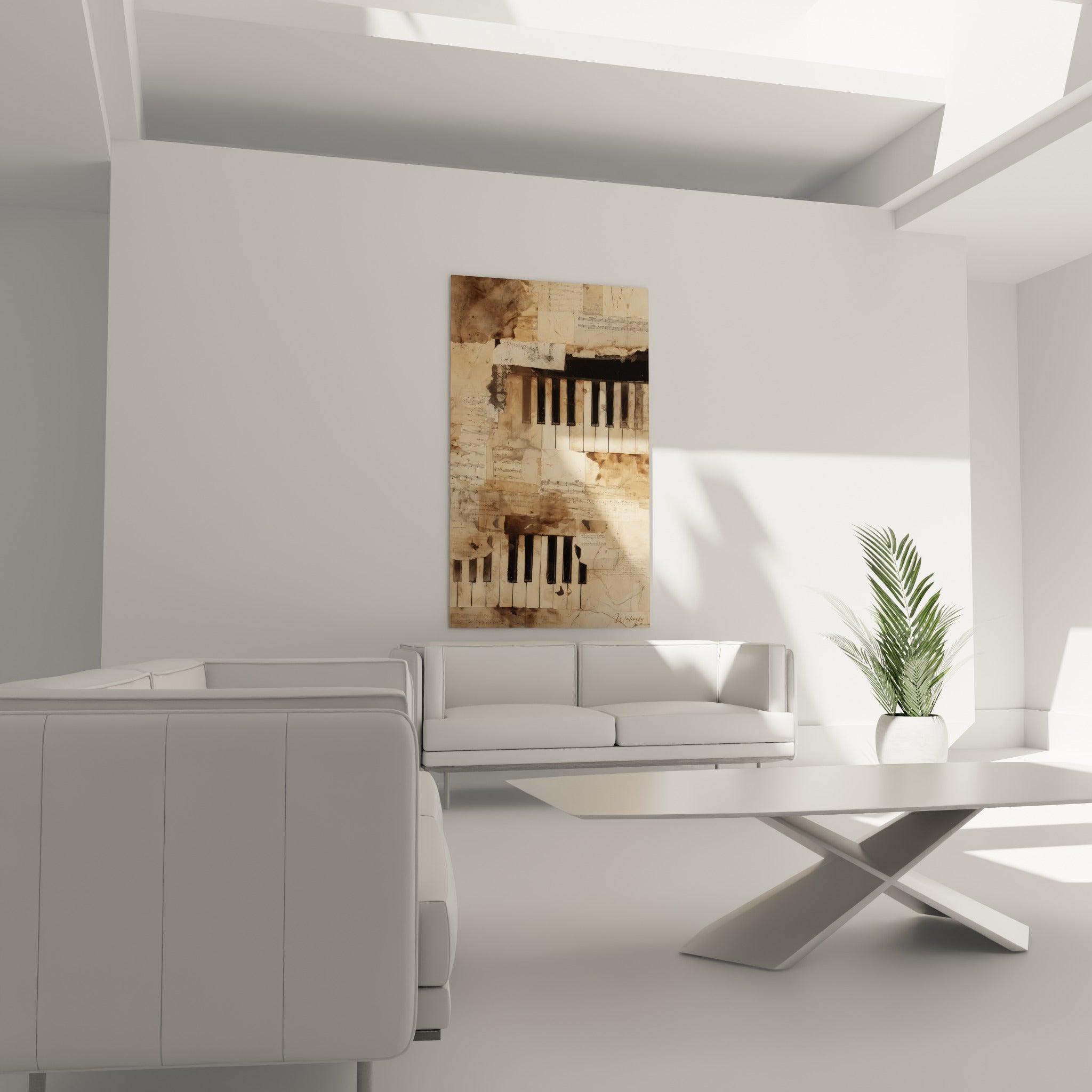 Piano collage beige et anthracite sur papier vieilli, au-dessus d'un canapé dans un salon lumineux