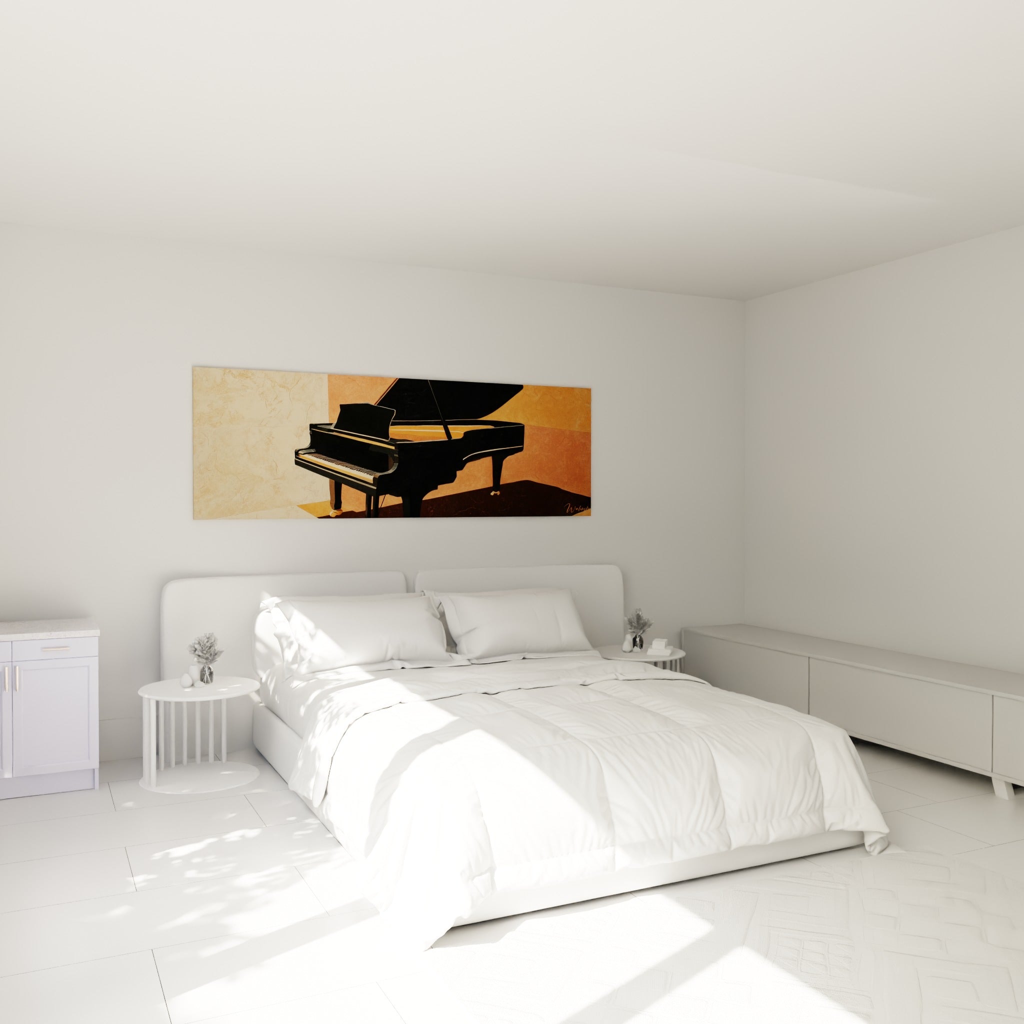 Instrument noir et ocre au clavier détaillé, accroché au-dessus d'un lit dans une chambre claire