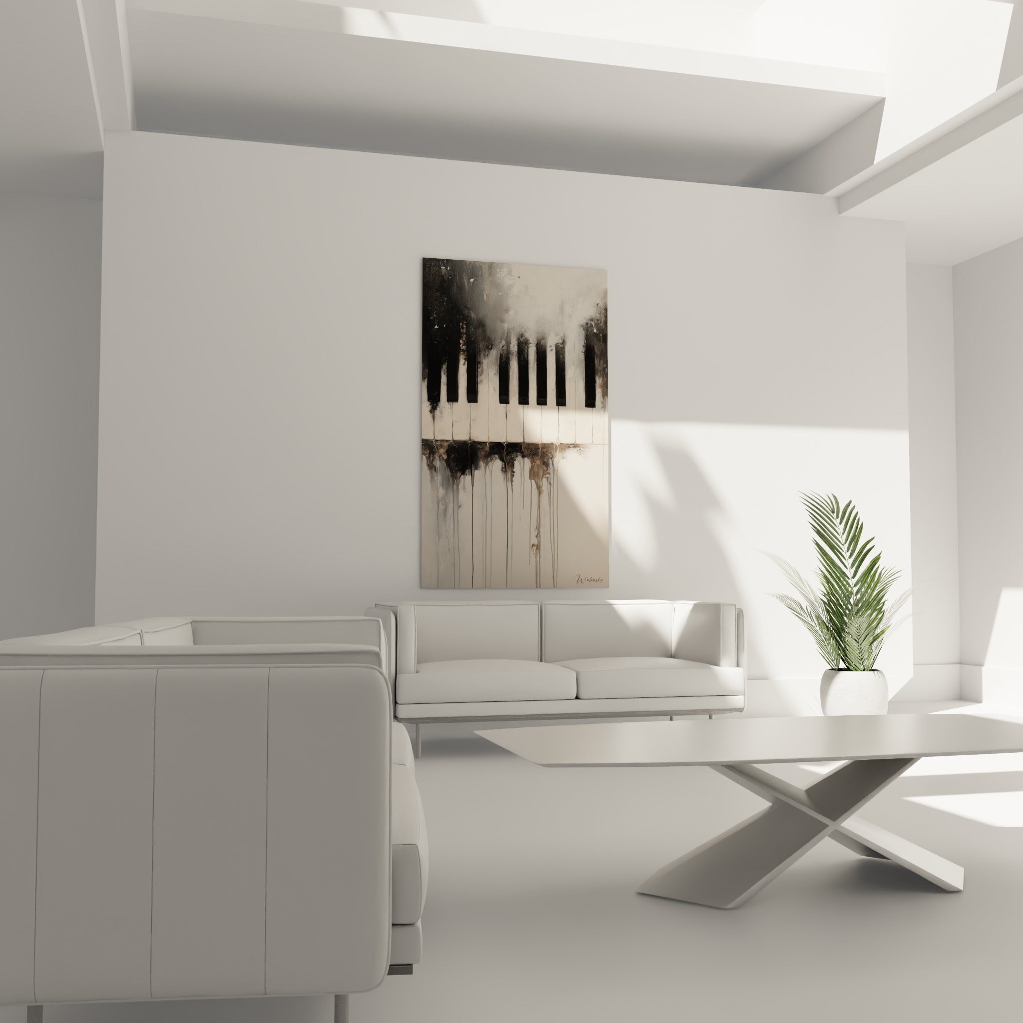 Piano musique noir et ivoire à coulures ocre suspendu au-dessus d'un canapé dans un salon lumineux