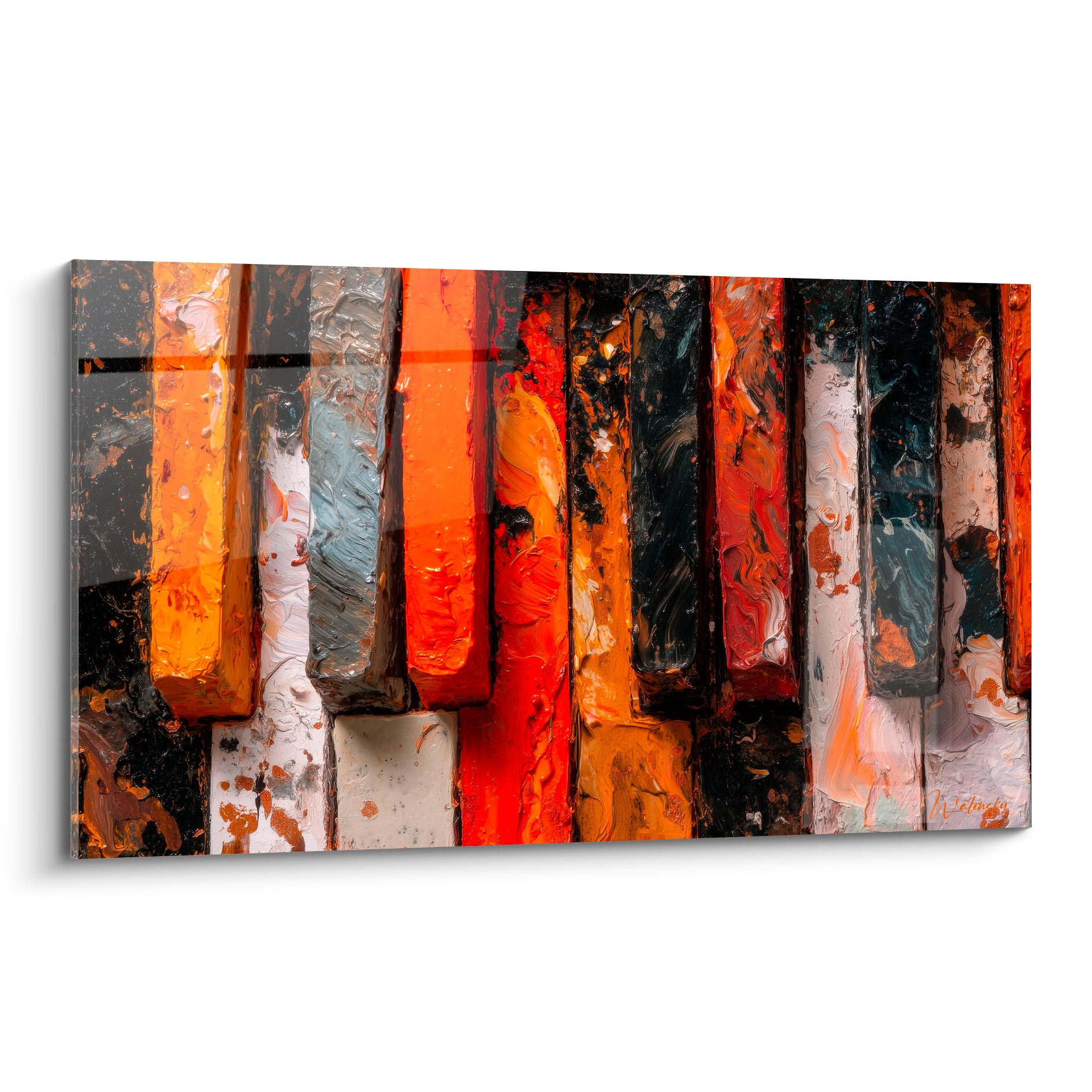 Musique en touches de piano orange et anthracite, matière épaisse aux reflets dorés et empâtements marqués