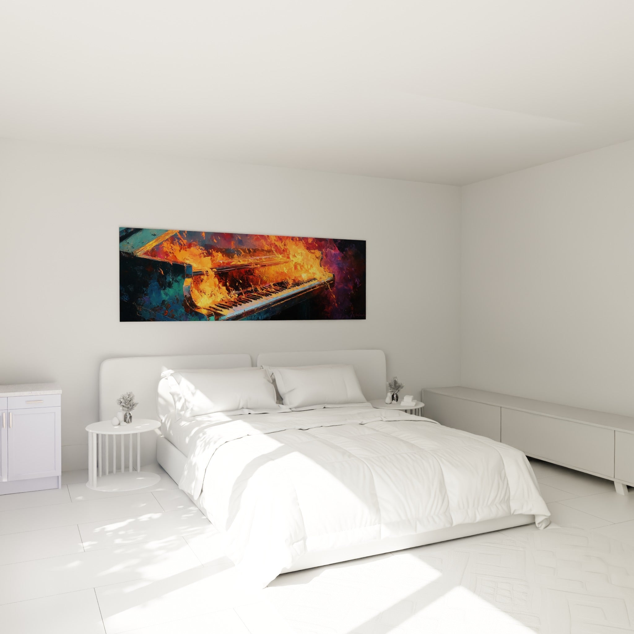 Flammes orange dévorant un piano anthracite au-dessus d'un lit dans une chambre claire