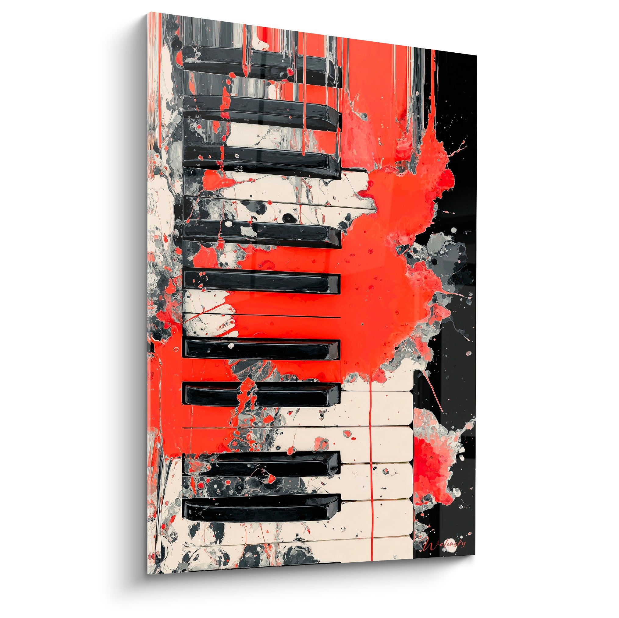 Piano aux touches noires et blanches éclaboussées d'orange corail et de gris, œuvre musicale expressive