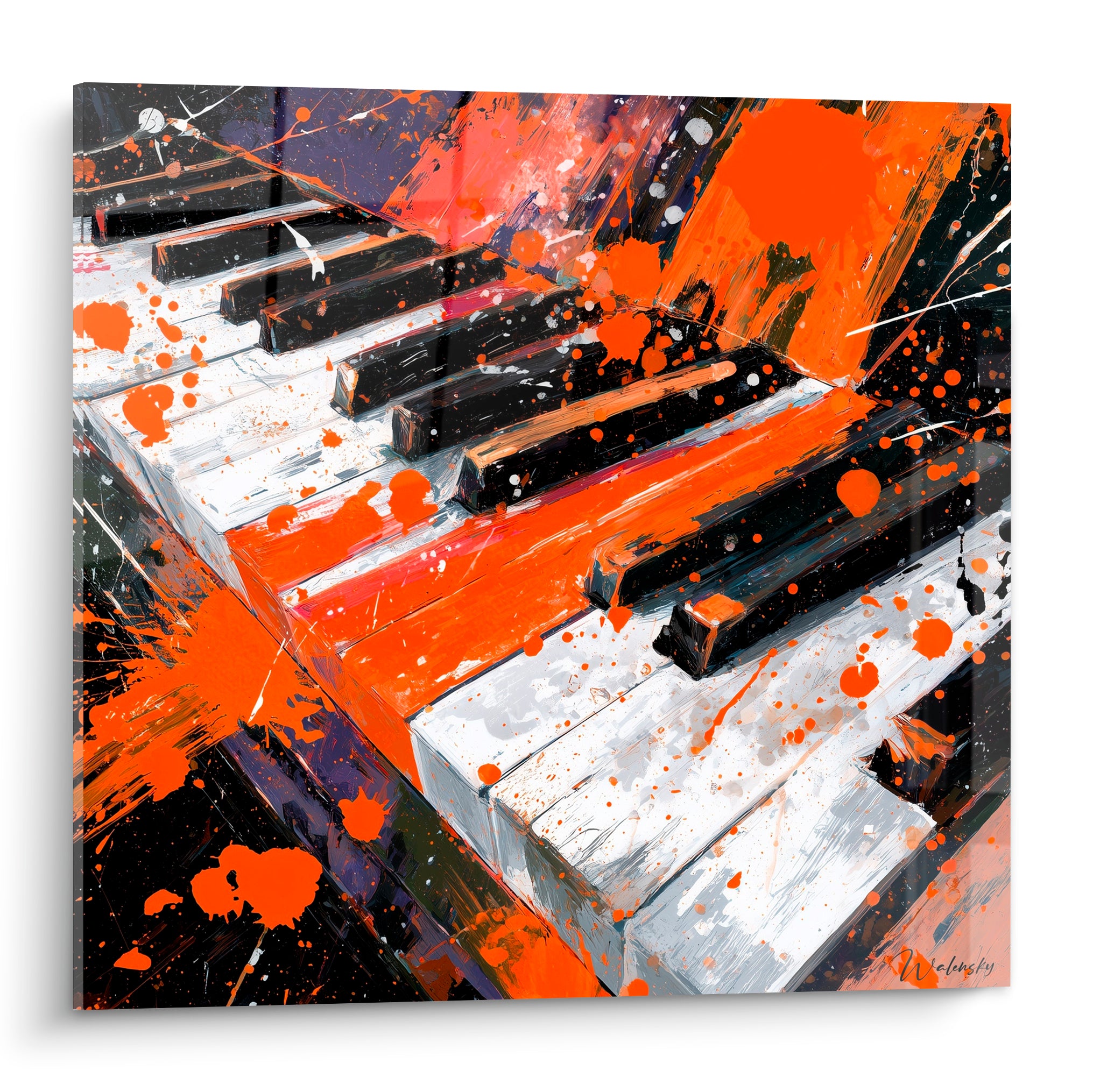 Piano aux touches noires et blanches recouvertes d'éclaboussures orange vif, style expressif