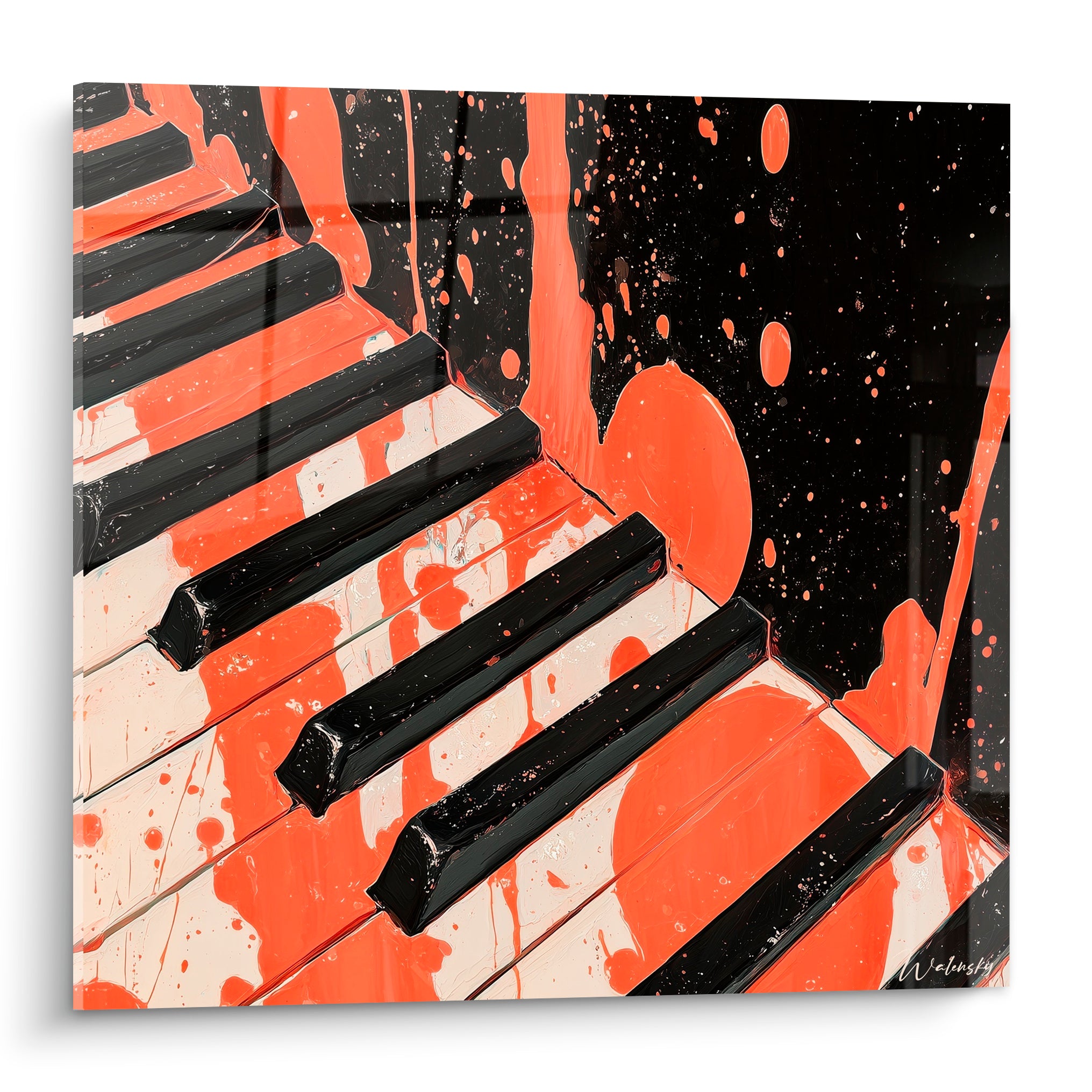 Clavier de piano en diagonale, touches noires et blanches éclaboussées d'orange vif sur fond anthracite intense