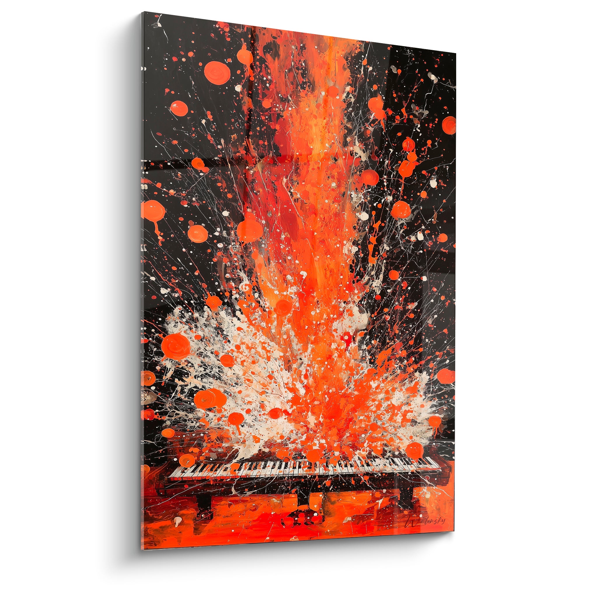 Piano à queue laissant jaillir une explosion orange et crème sur fond anthracite, éclaboussures denses