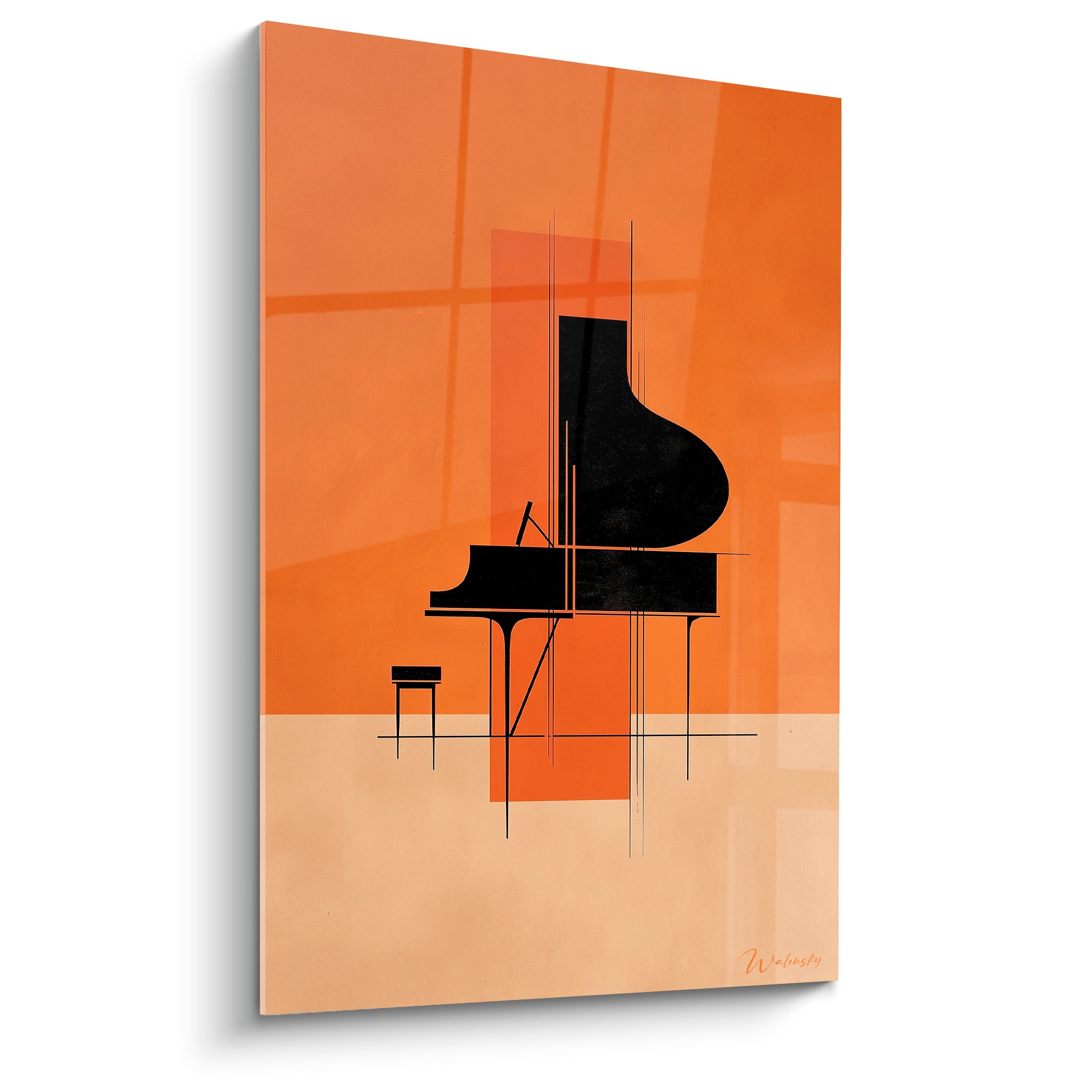 Piano à queue noir stylisé sur fond dégradé orange et sable, composition graphique épurée