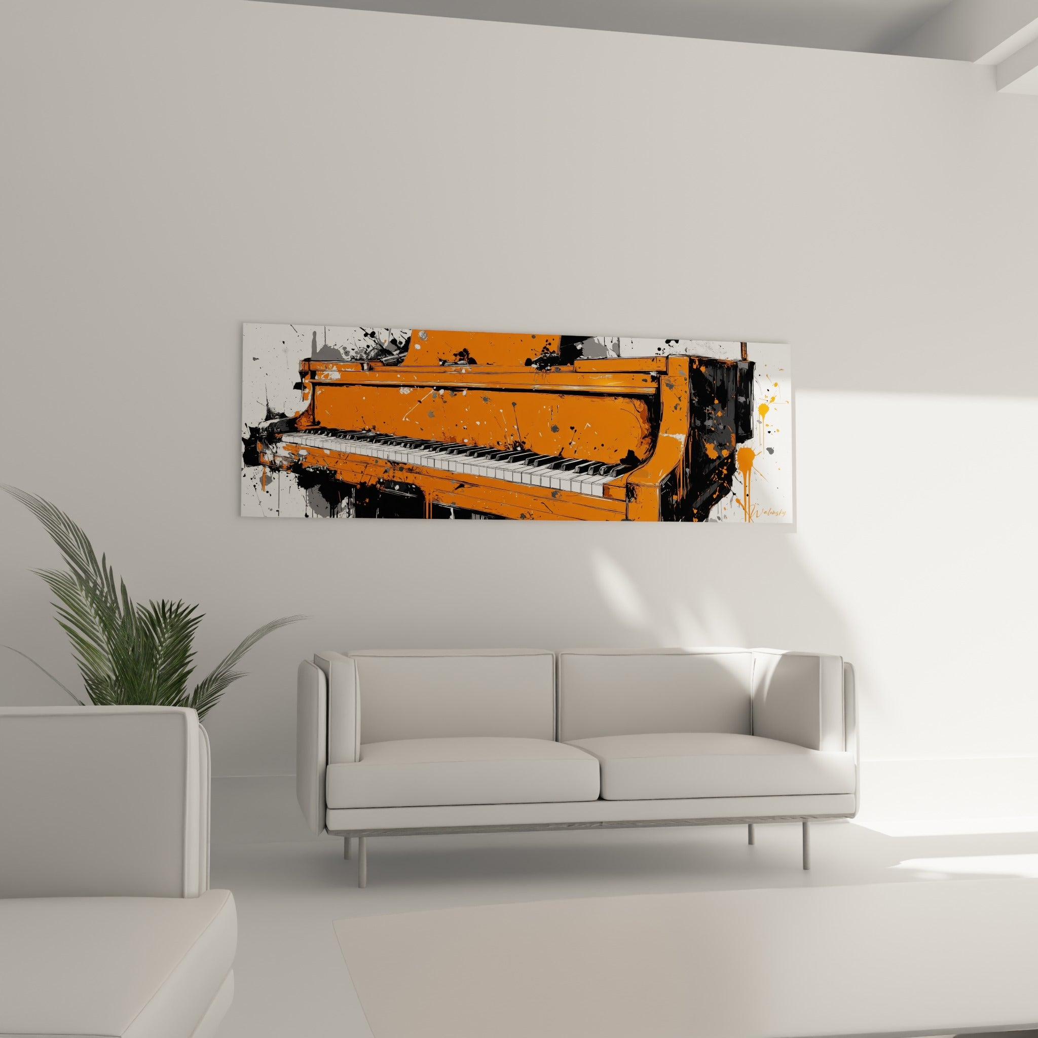 Clavier de piano orange et anthracite avec projections de peinture, au-dessus d'un canapé dans un salon lumineux