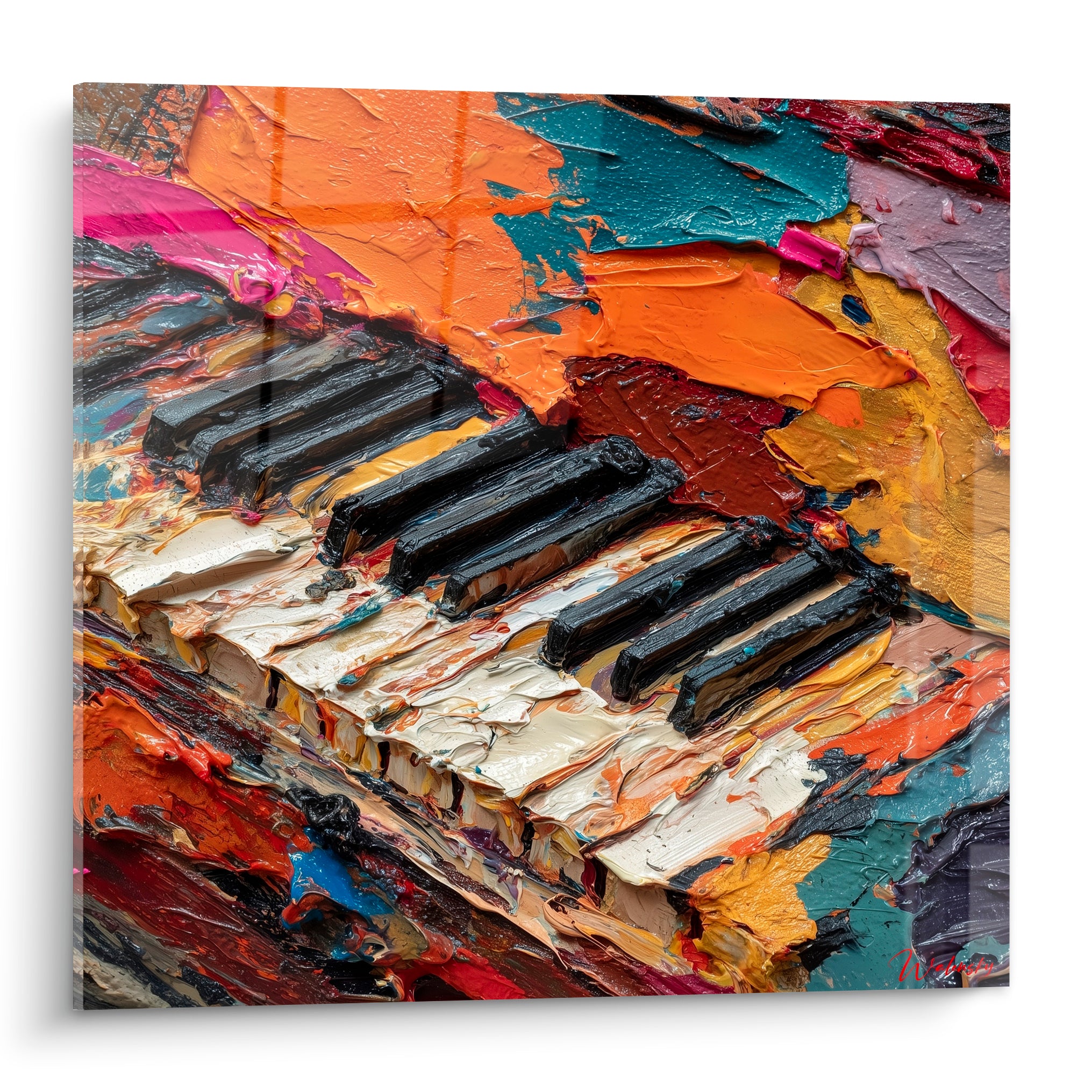 Clavier de piano en relief orange brûlé et sarcelle, touches noires épaisses, style expressionniste au couteau