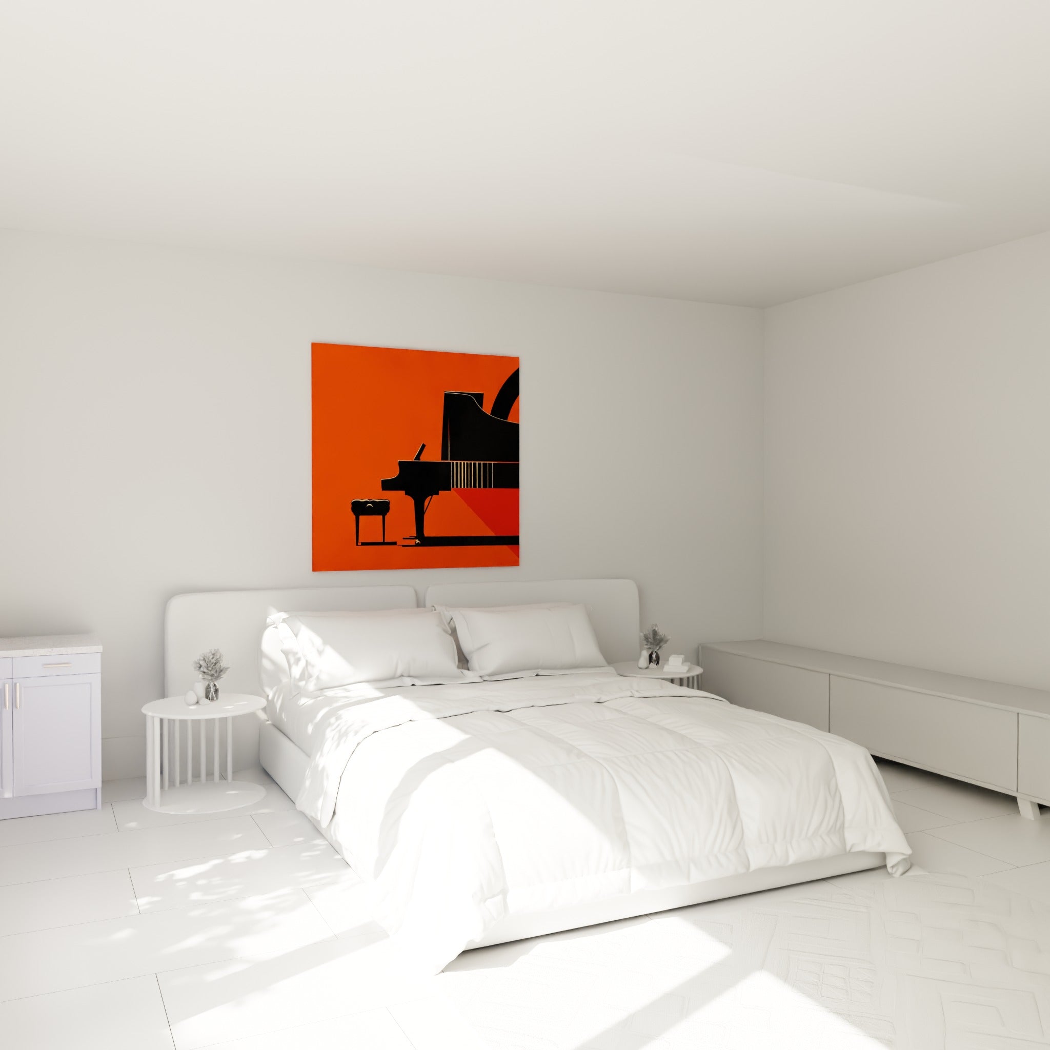 Instrument noir et silhouette anthracite sur fond orangé, accroché au-dessus d'un lit dans une chambre claire