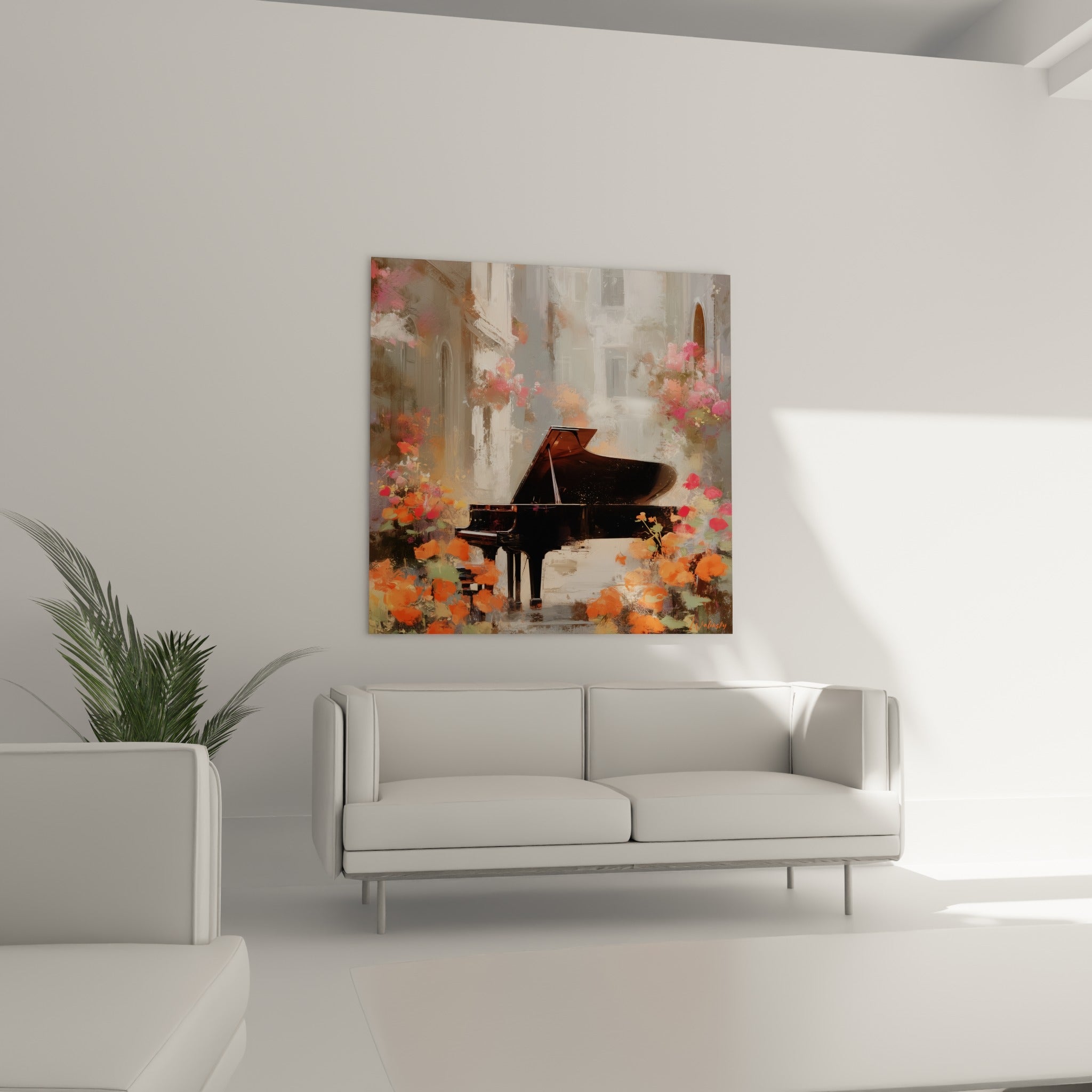 Scène musicale florale aux teintes orange, rose et anthracite, au-dessus d'un canapé dans un salon lumineux