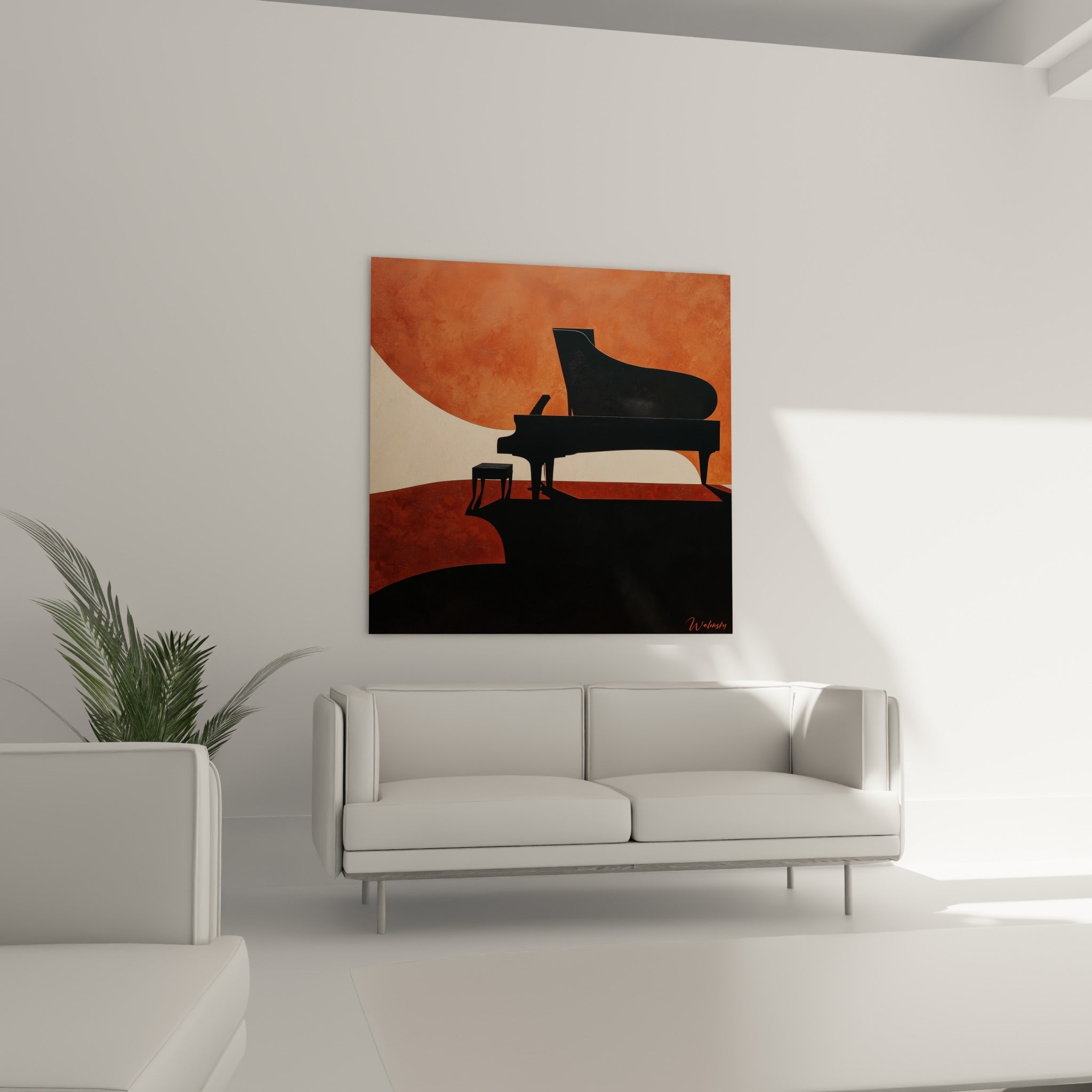 Instrument à queue anthracite dessiné sur fond terracotta et crème, au-dessus d'un canapé dans un salon lumineux