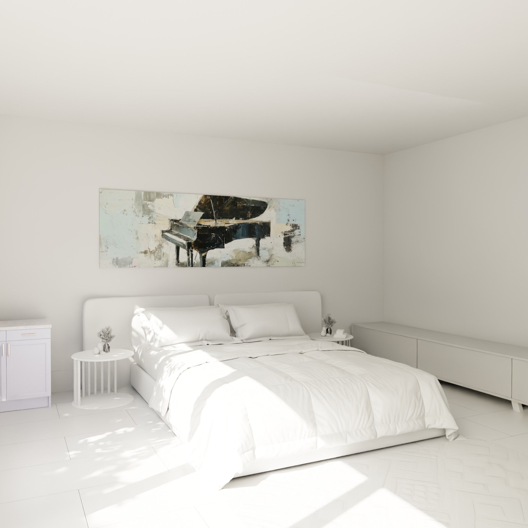 Piano noir aux empâtements marqués, tons bleu clair et beige, au-dessus d'un lit dans une chambre claire