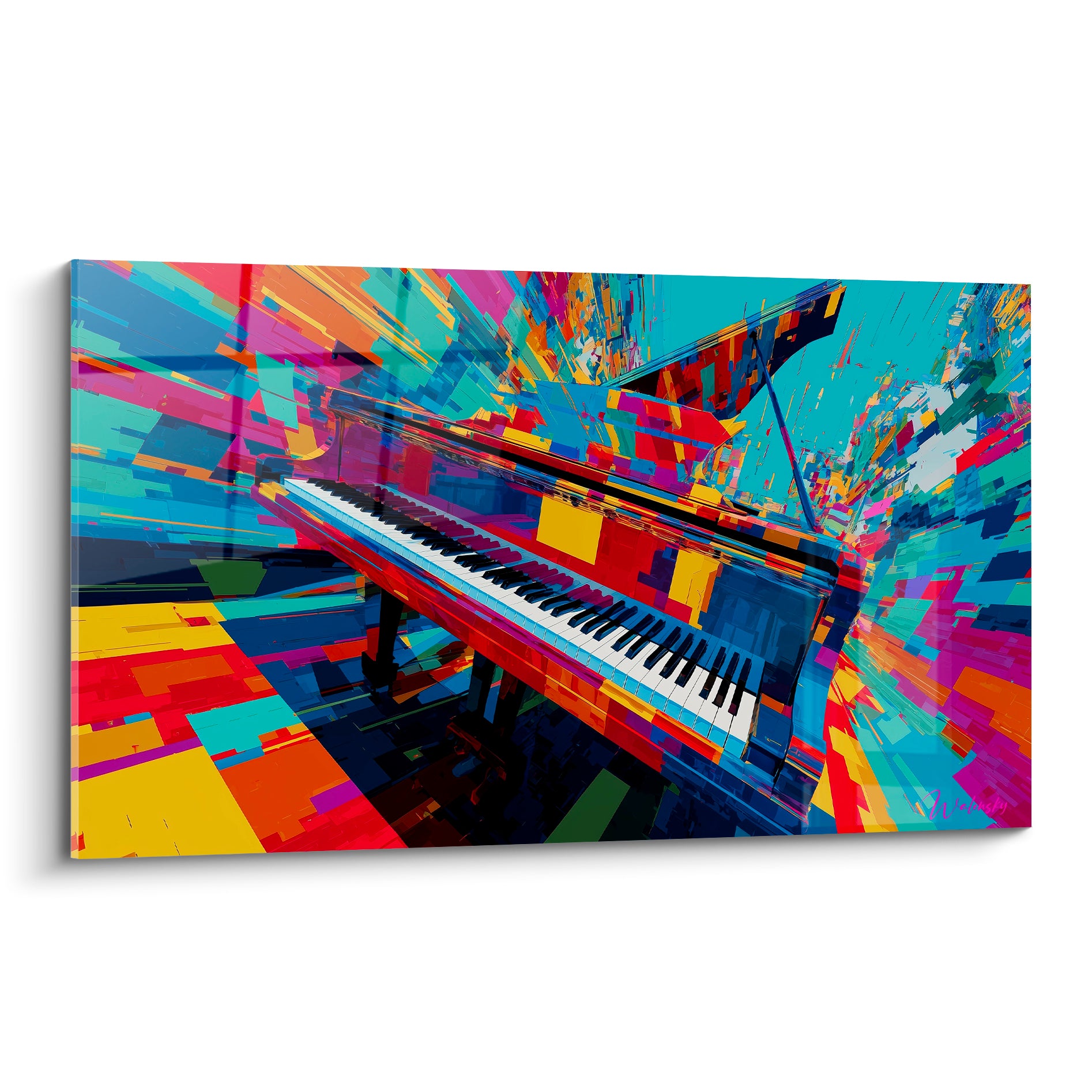 Piano à queue fragmenté en rouge et turquoise, clavier noir et blanc, style pop art éclaté