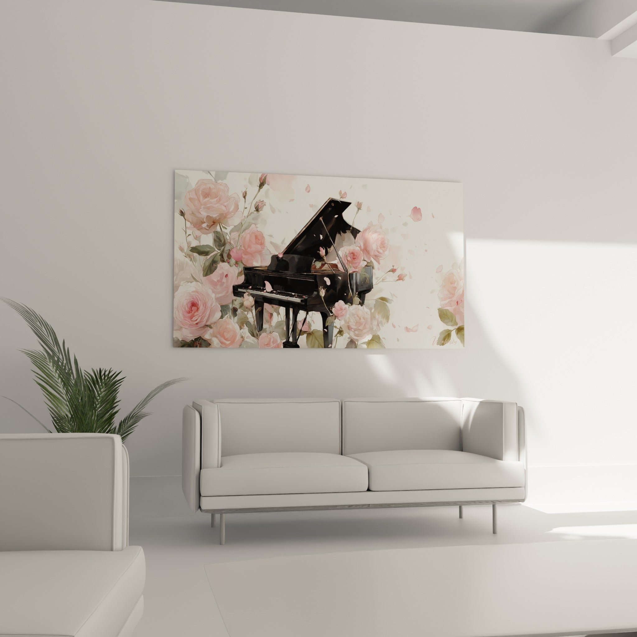 Instrument noir laqué enveloppé de roses poudrées et pétales suspendus au-dessus d'un canapé dans un salon lumineux