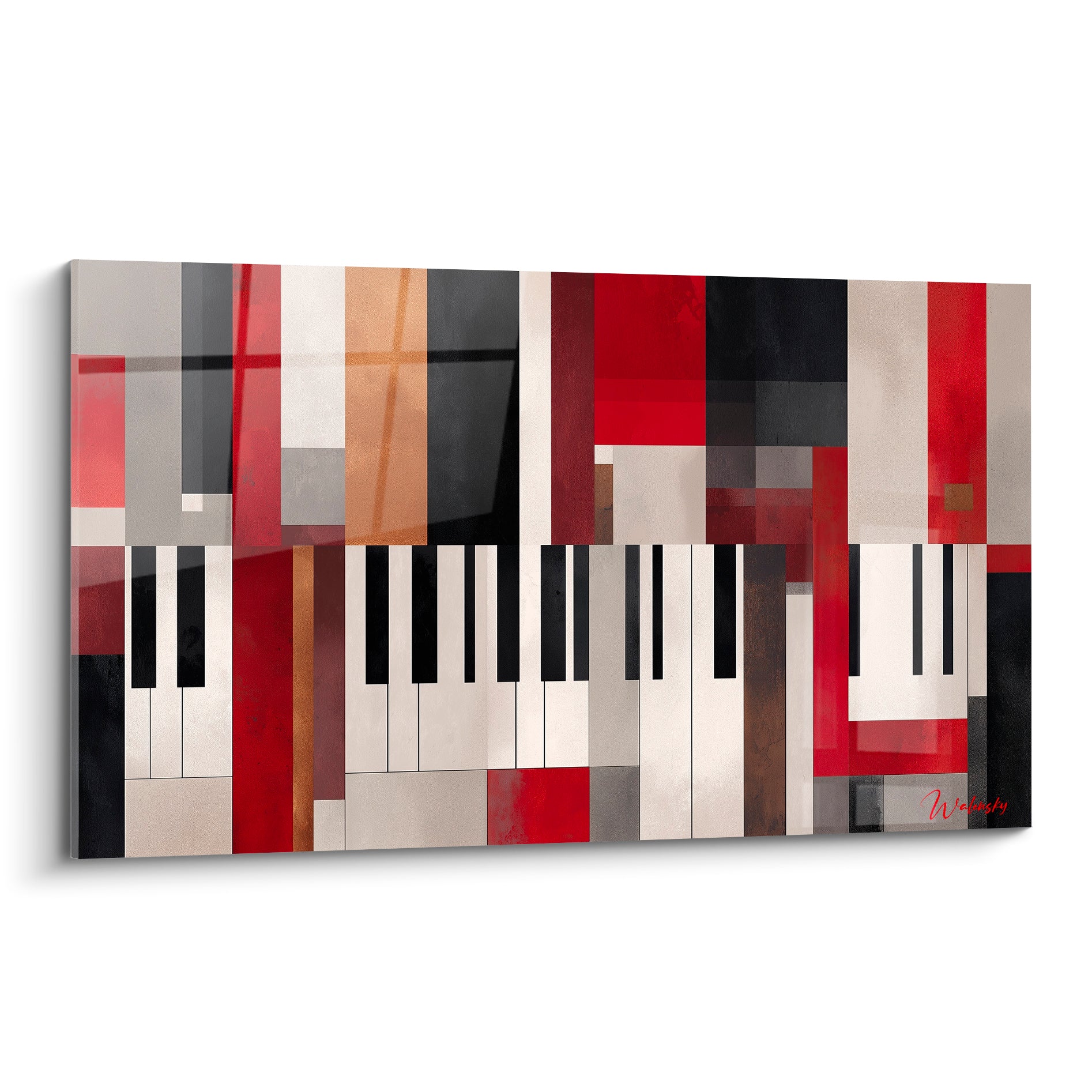 Clavier de piano fragmenté en blocs rouge, anthracite et ocre, composition géométrique aux touches noires visibles