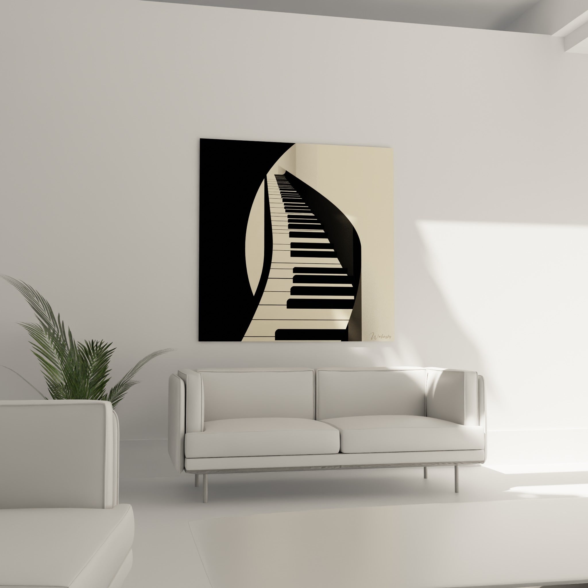 Ruban de piano Musique noir et ivoire tourbillonnant au-dessus d'un canapé dans un salon lumineux