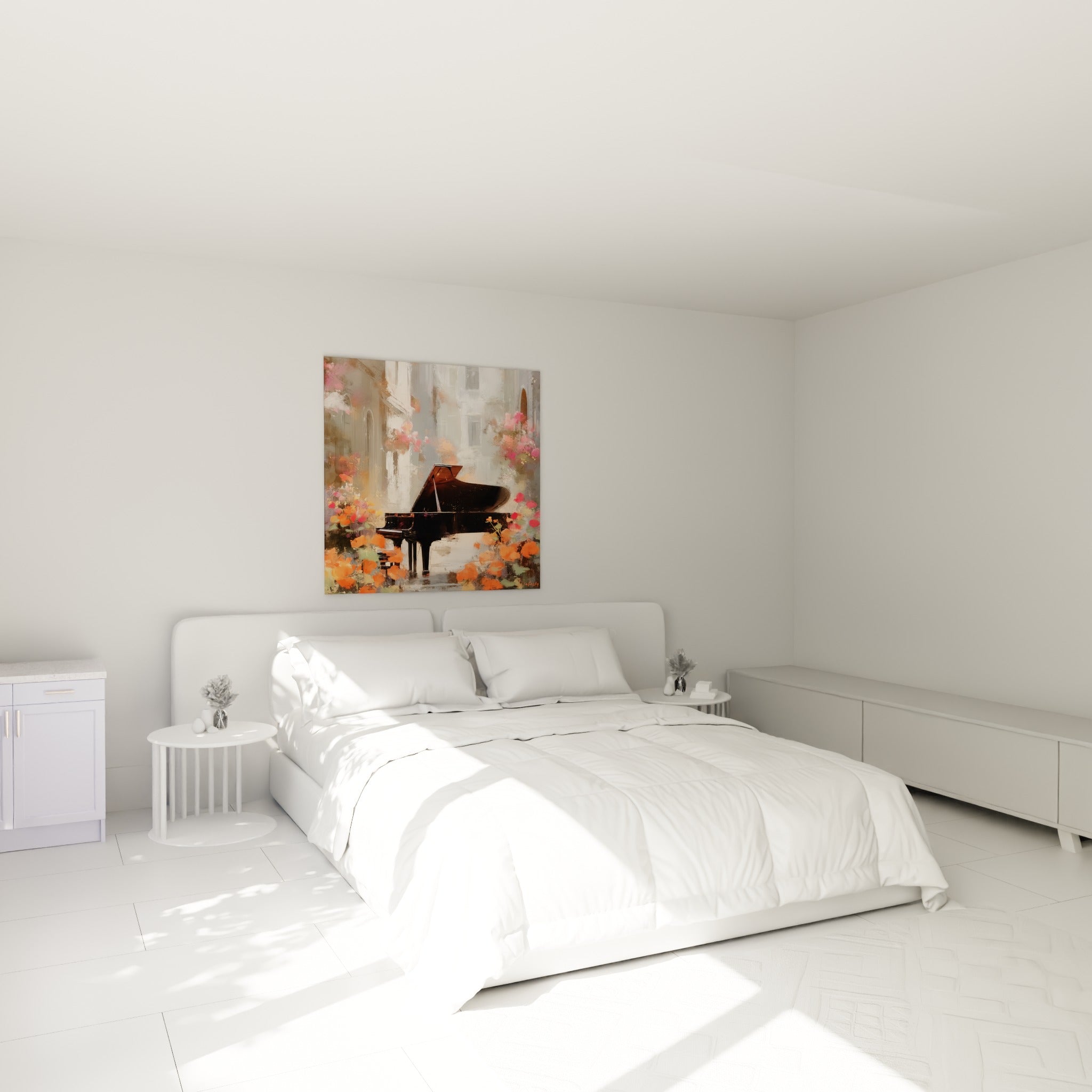 Instrument de musique noir fleuri d'orange et de rose, accroché au-dessus d'un lit dans une chambre claire