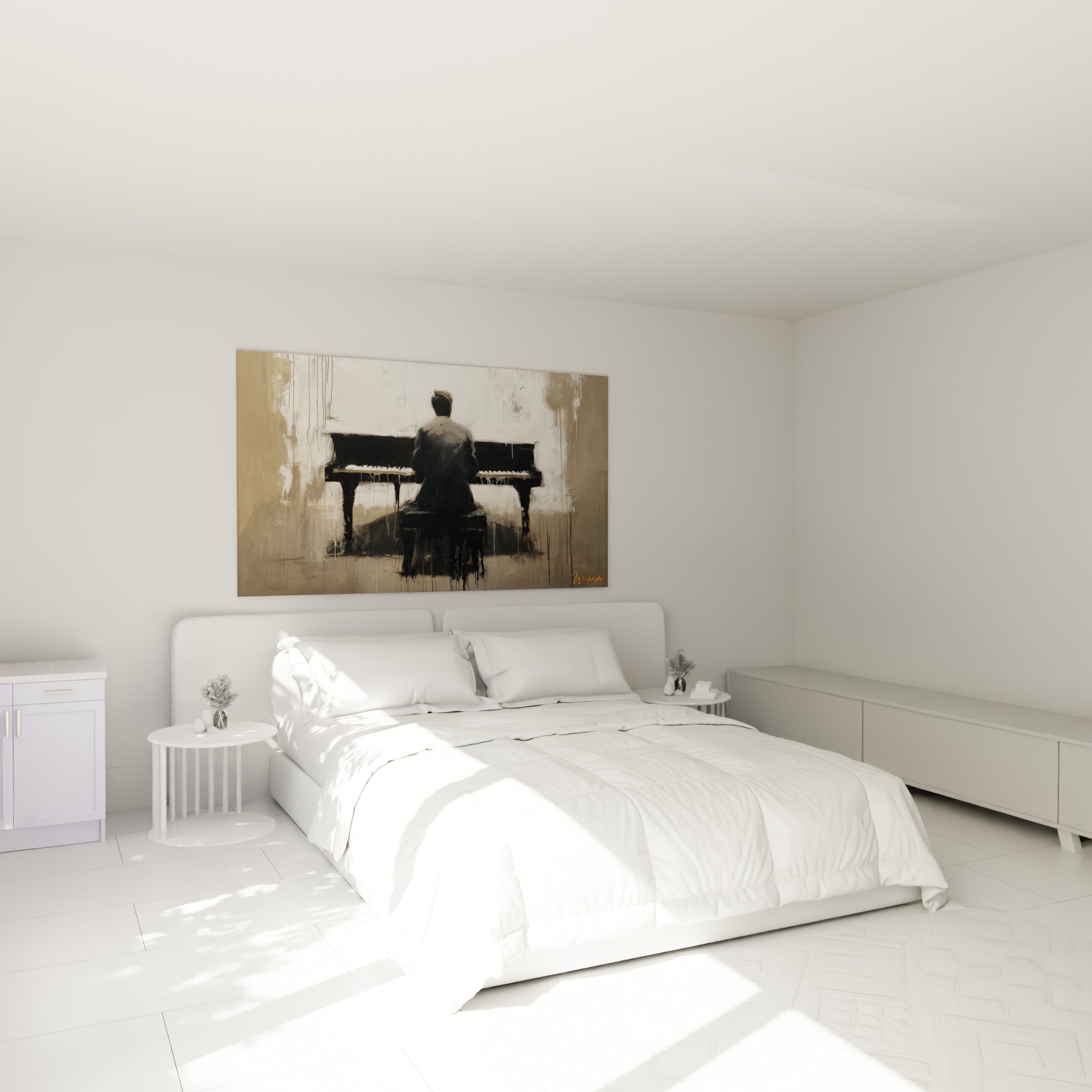 Silhouette sombre au piano, tons beige et anthracite, au-dessus d'un lit dans une chambre claire