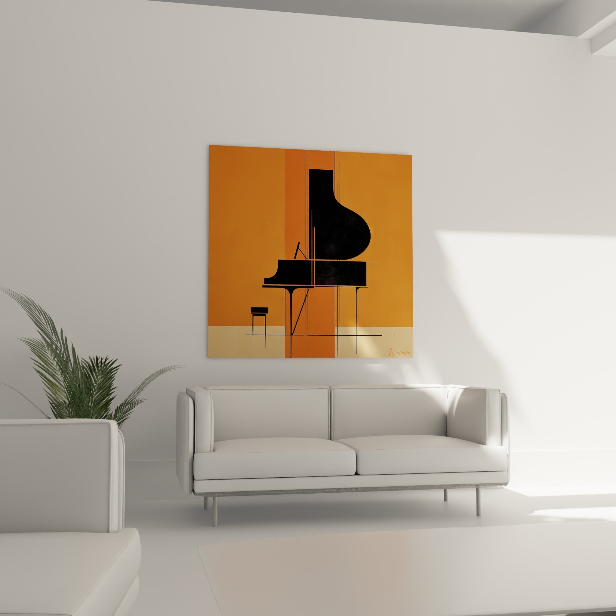 Instrument noir stylisé aux lignes fines sur fond terracotta et beige, au-dessus d'un canapé dans un salon lumineux
