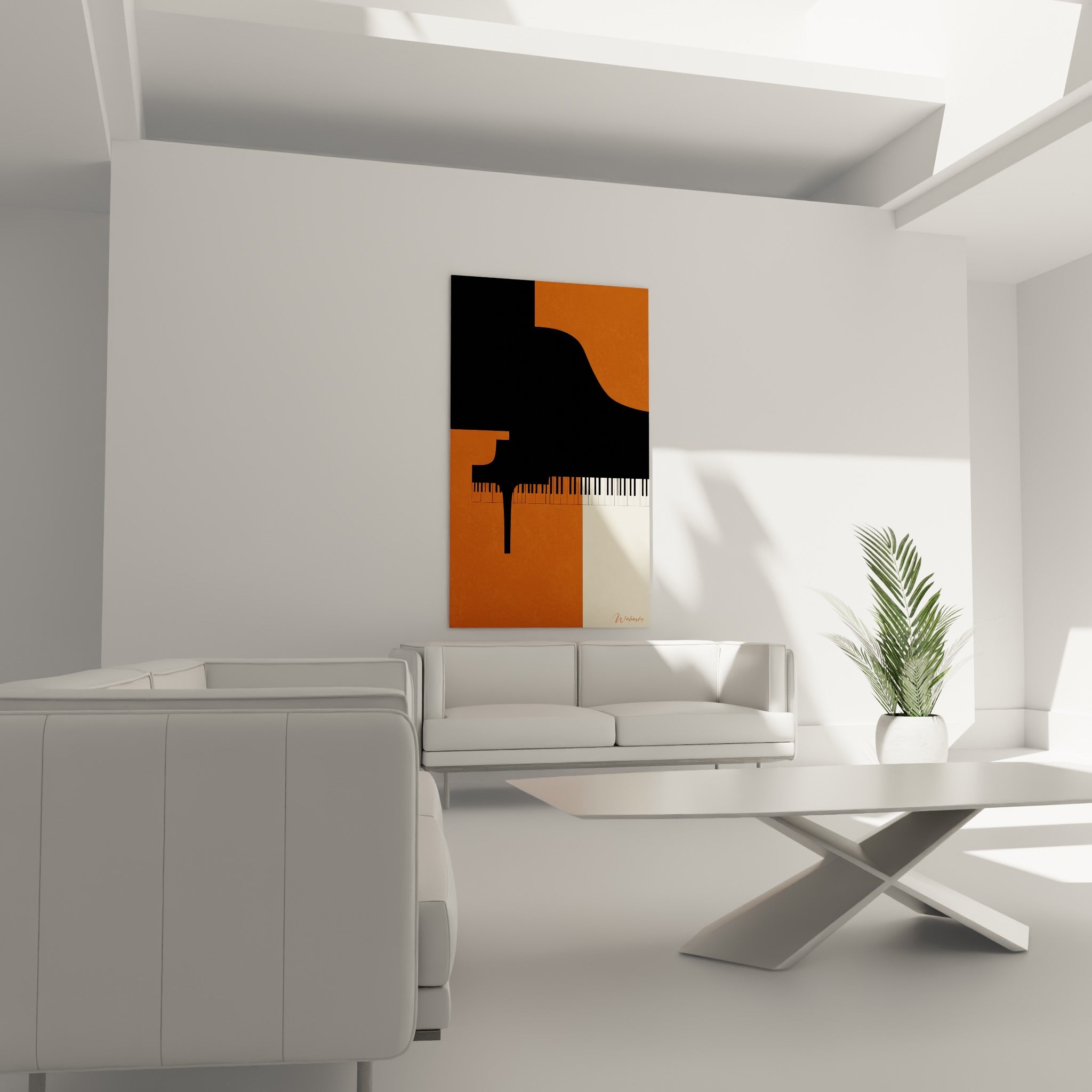 Composition piano bicolore noir et ocre affichée au-dessus d'un canapé dans un salon lumineux