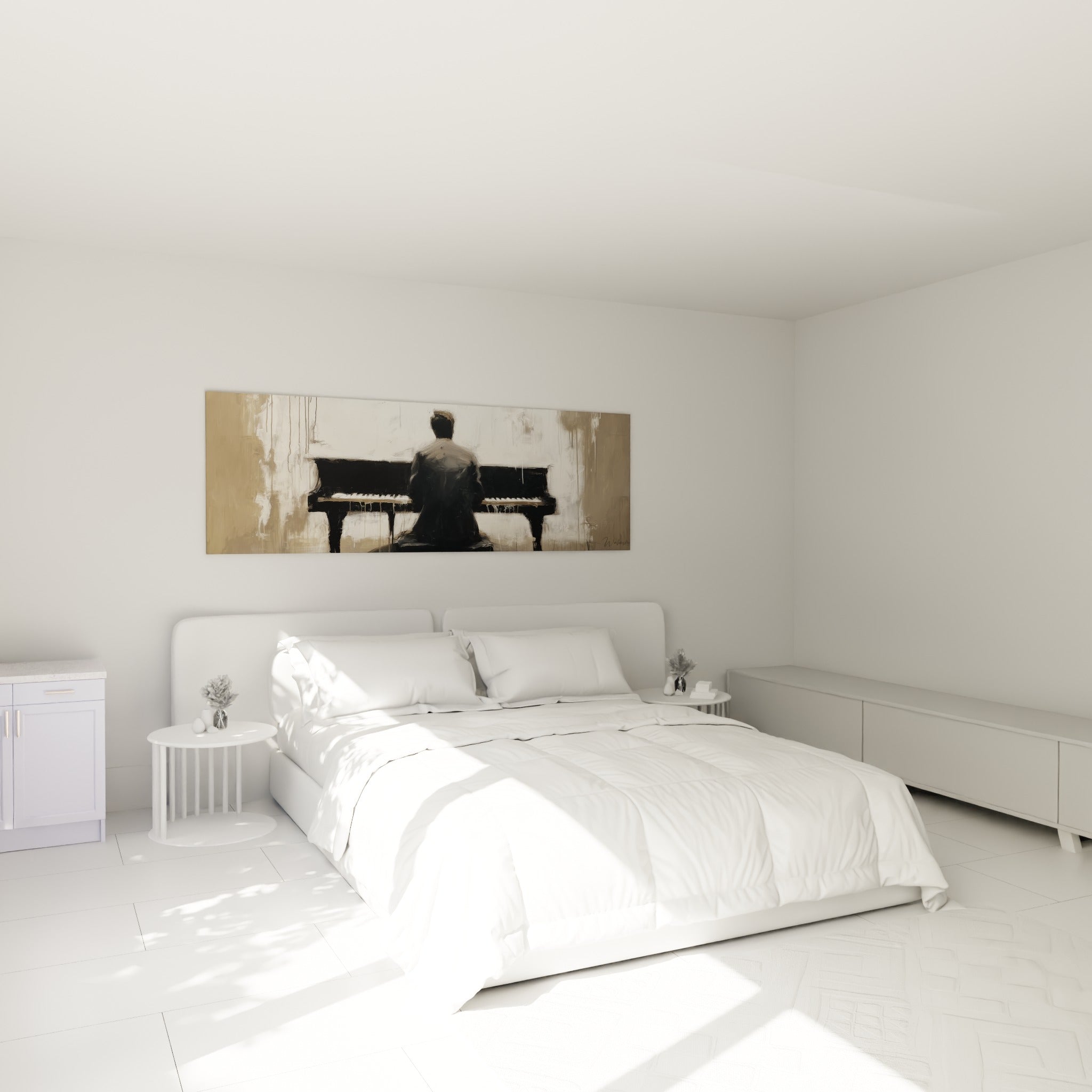 Silhouette sombre au piano, tons ivoire et taupe, accrochée au-dessus d'un lit dans une chambre claire