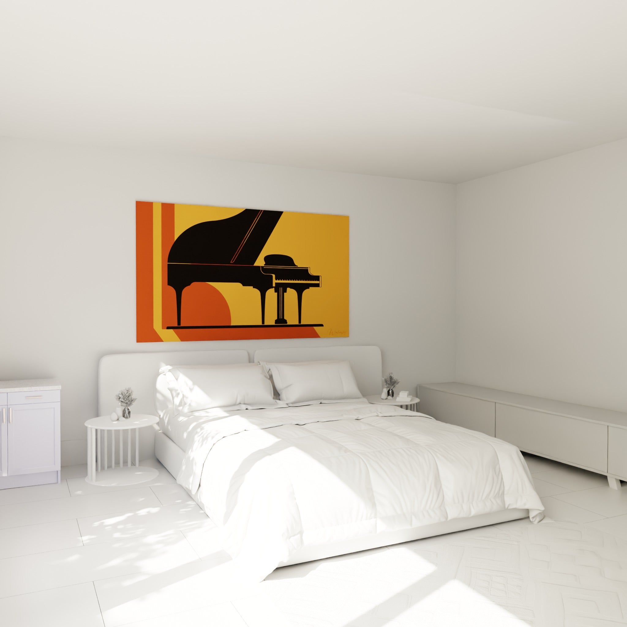 Instrument noir aux lignes graphiques sur fond ocre et rouille, accroché au-dessus d'un lit dans une chambre claire