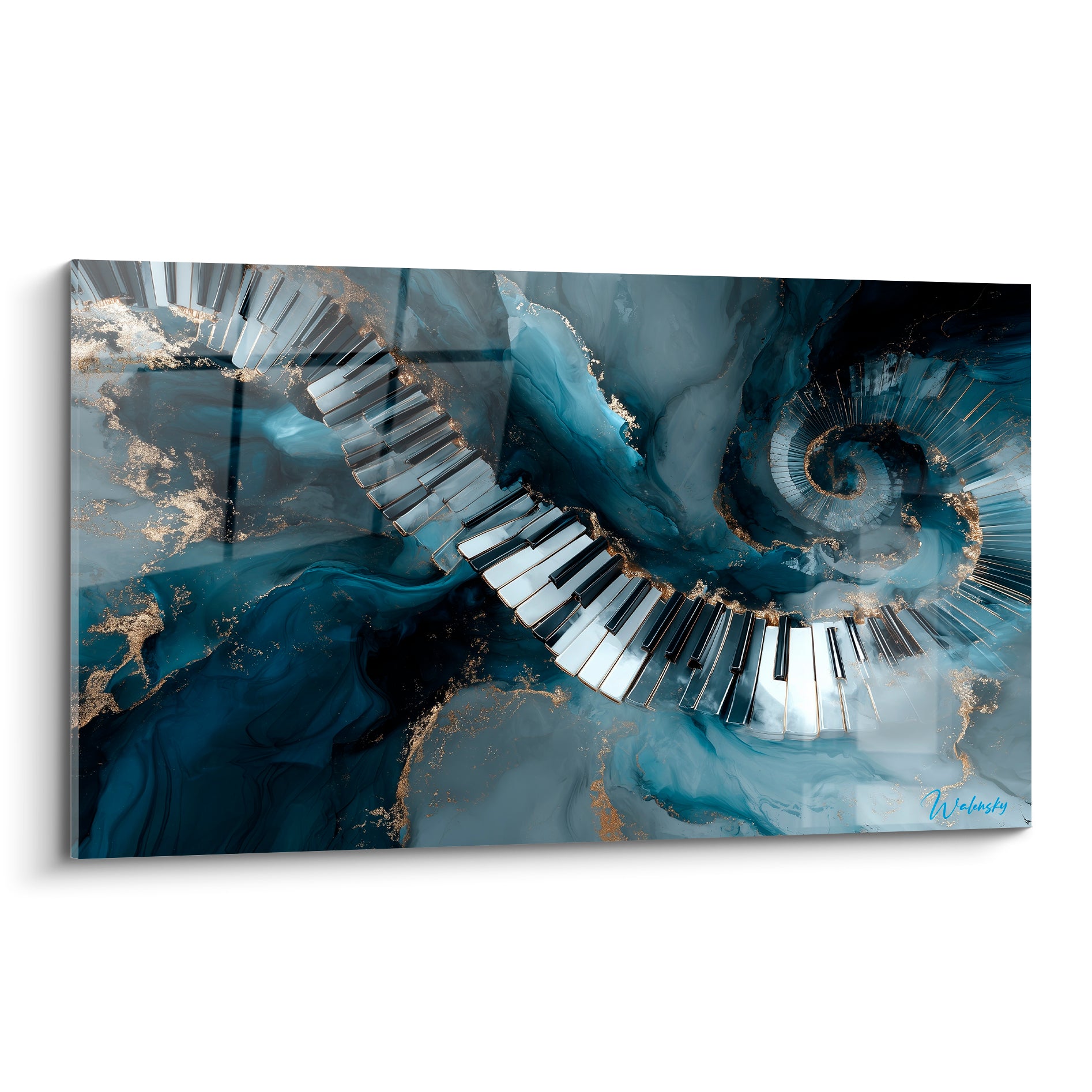 Clavier de piano en spirale bleu marine et doré, touches noires et blanches sur fond marbré anthracite