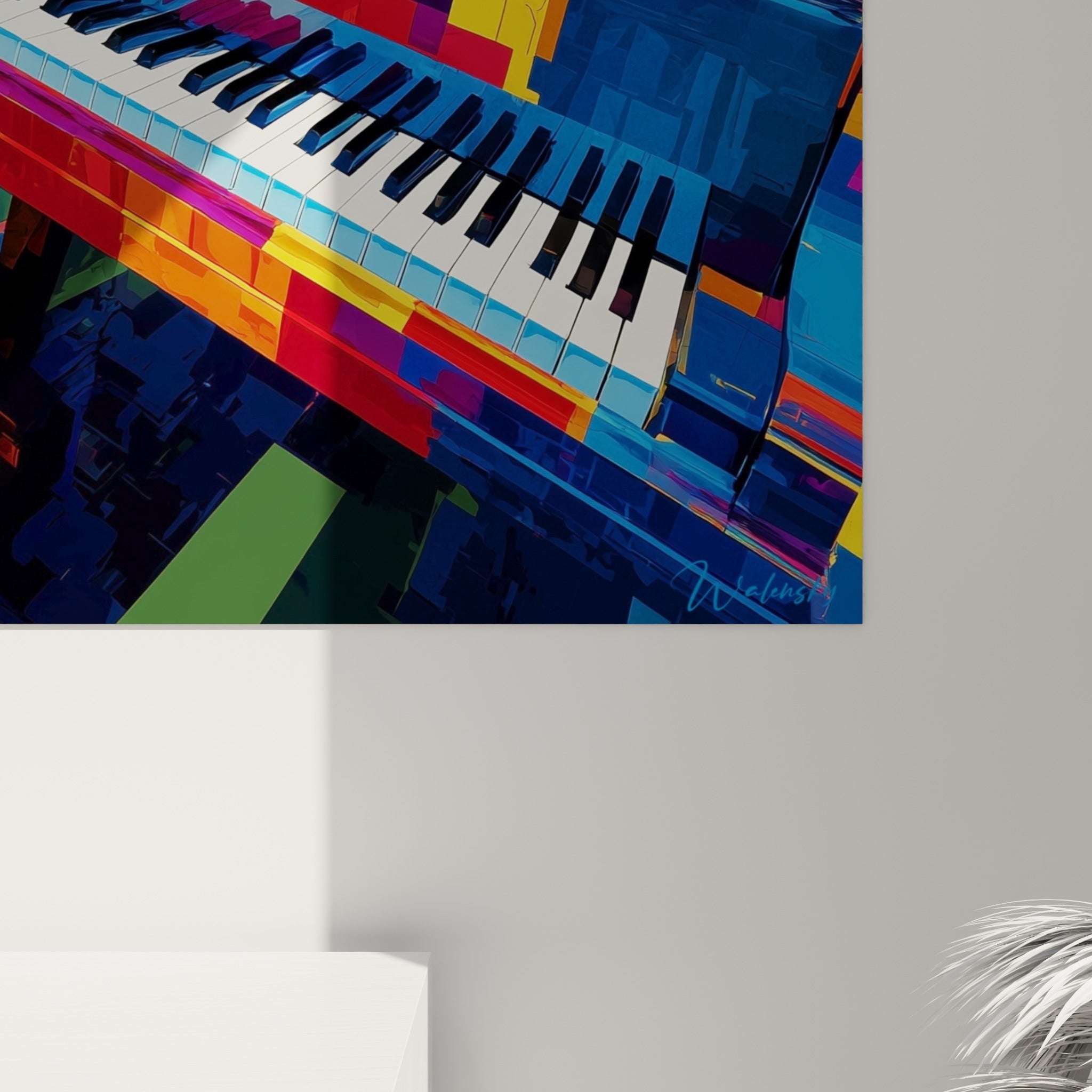 Grain de l'impression révélant les nuances orangées et bleu marine du clavier peint