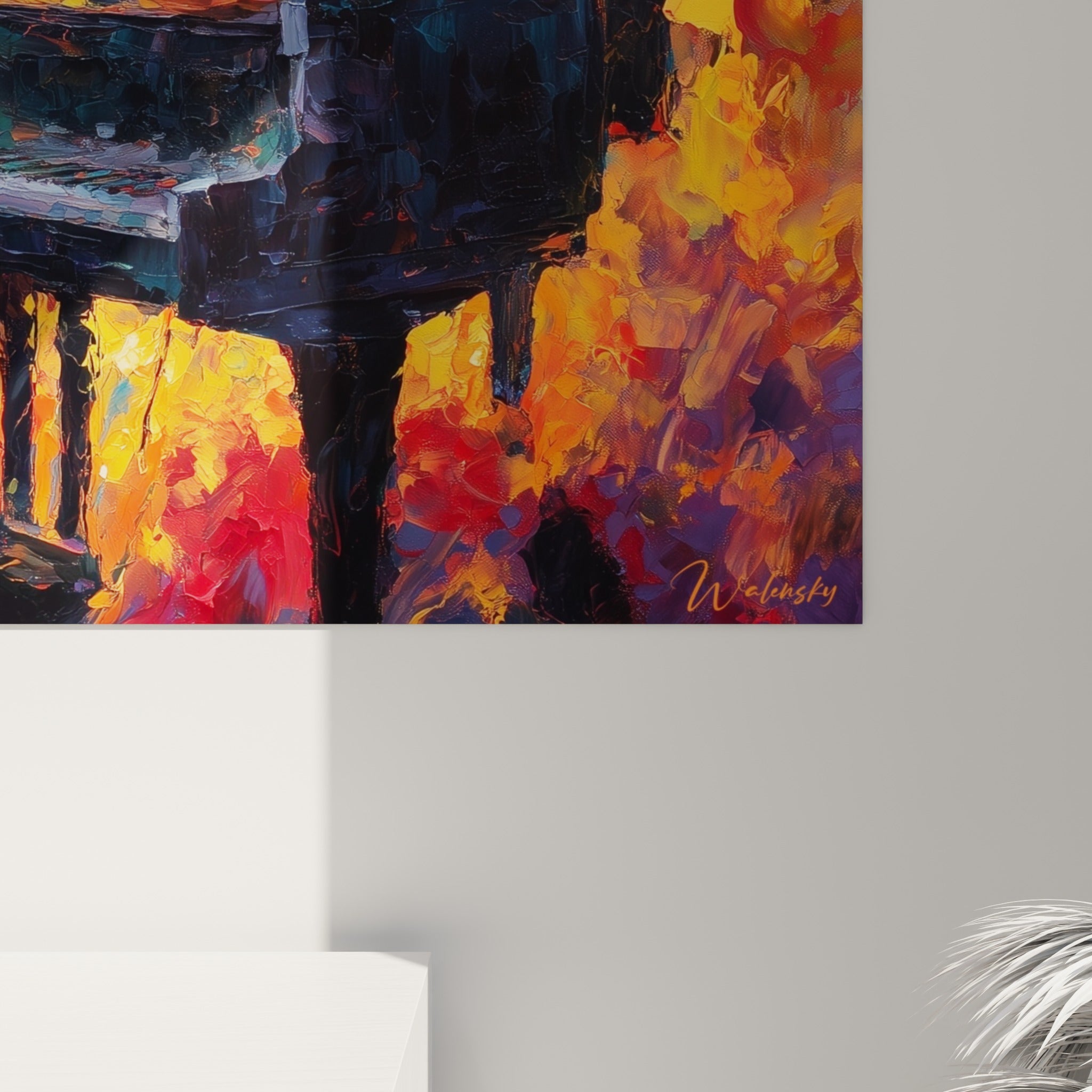 Empâtements orangés et touches violettes révèlent le grain de matière du piano peint au couteau