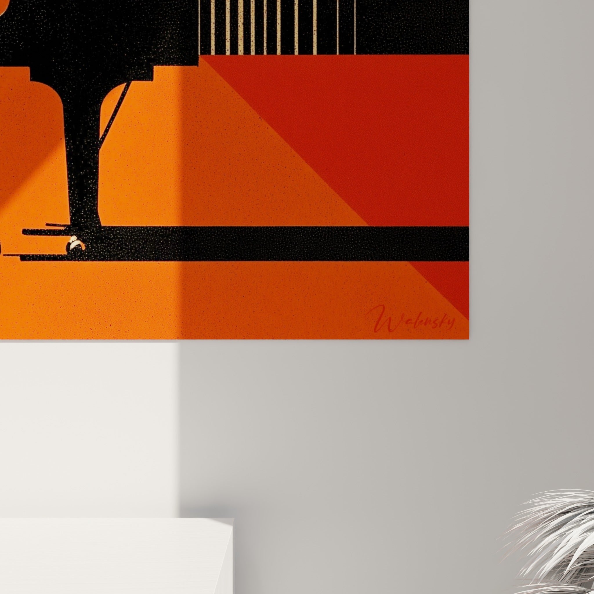 Grain texturé du noir profond et du fond orange révélant les nuances de l'impression et les fines lignes dorées