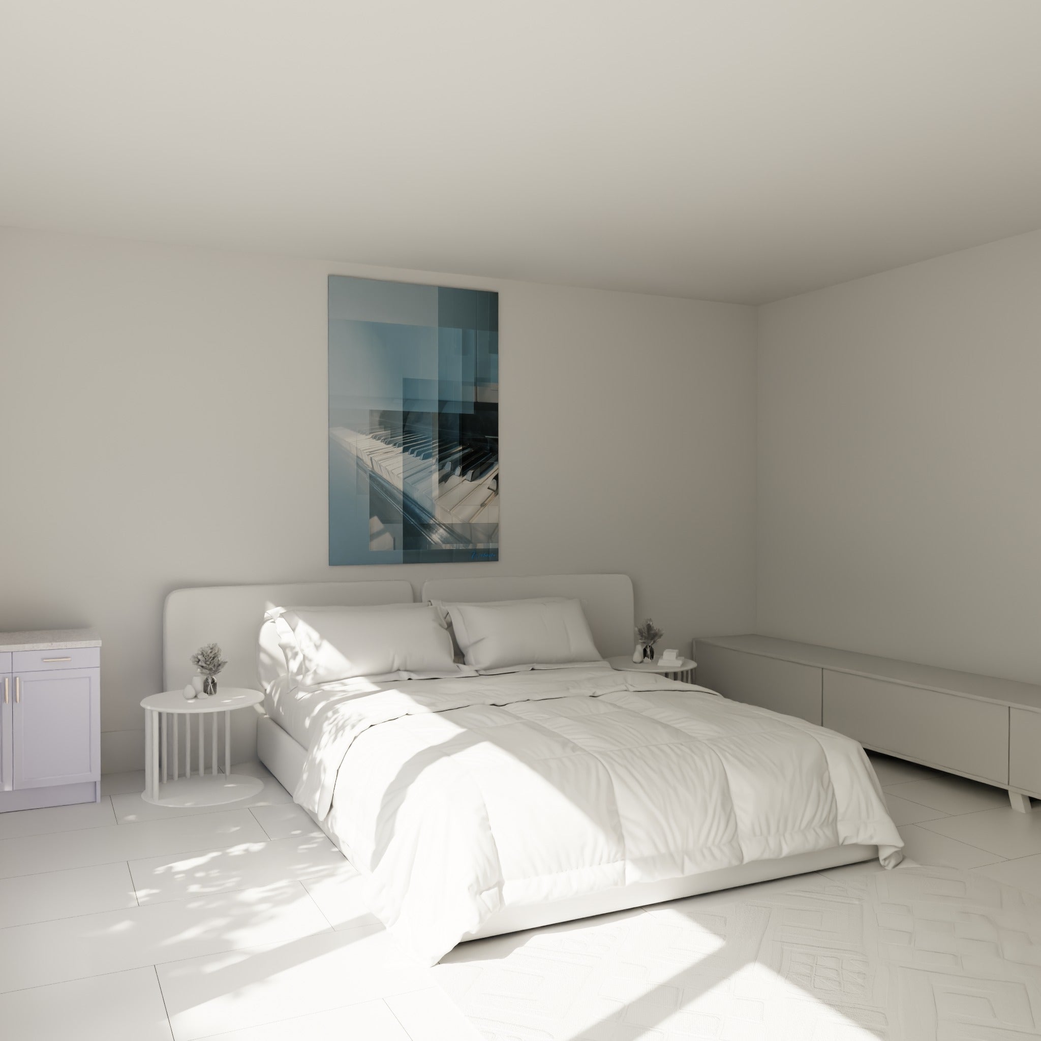 Piano aux touches ivoire et bandes bleu pastel, accroché au-dessus d'un lit dans une chambre claire