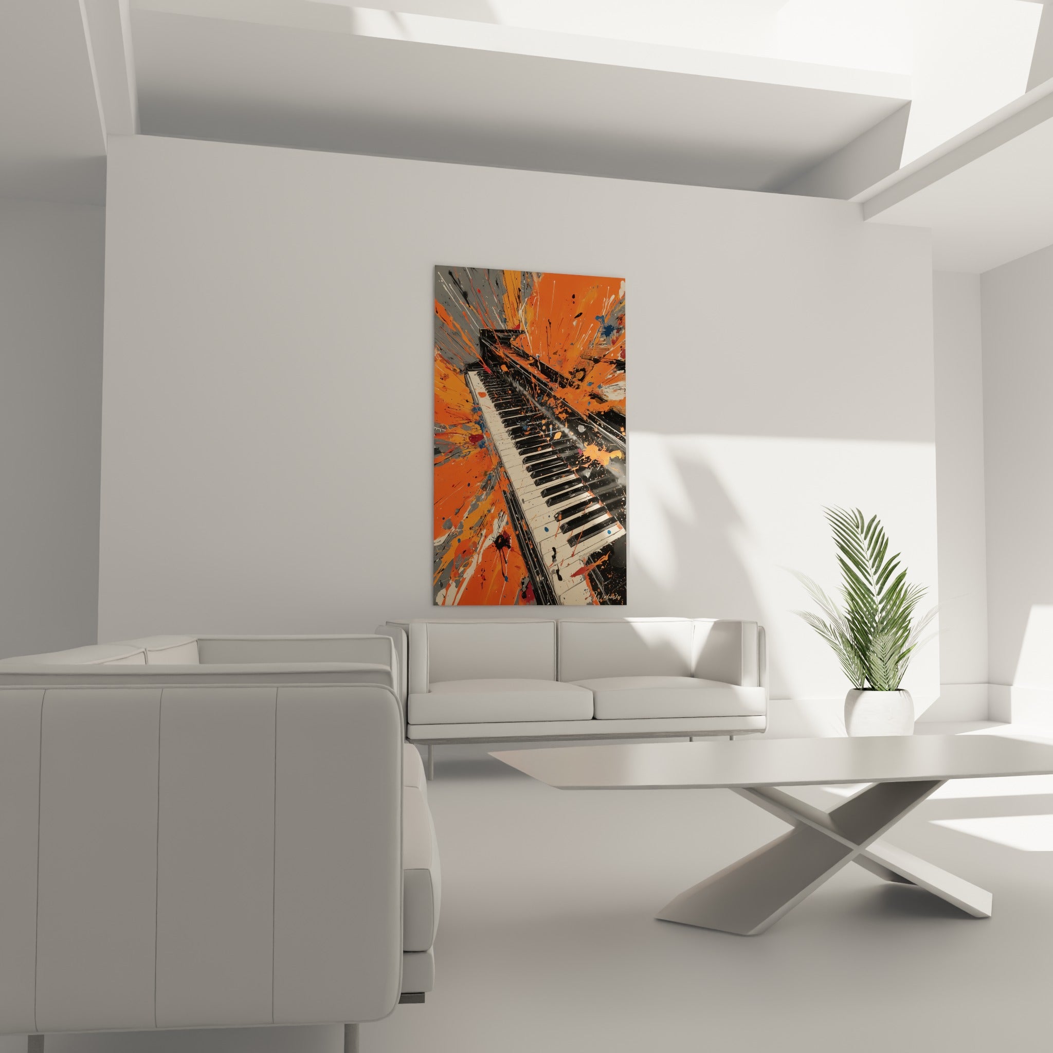 Touches noires et blanches éclaboussées de peinture orange, au-dessus d'un canapé dans un salon lumineux