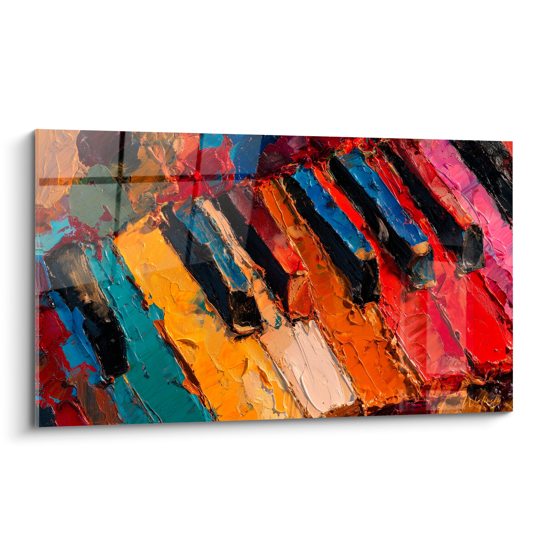 Clavier de piano peint en turquoise, orange et bleu marine, touches à l'empâtement épais