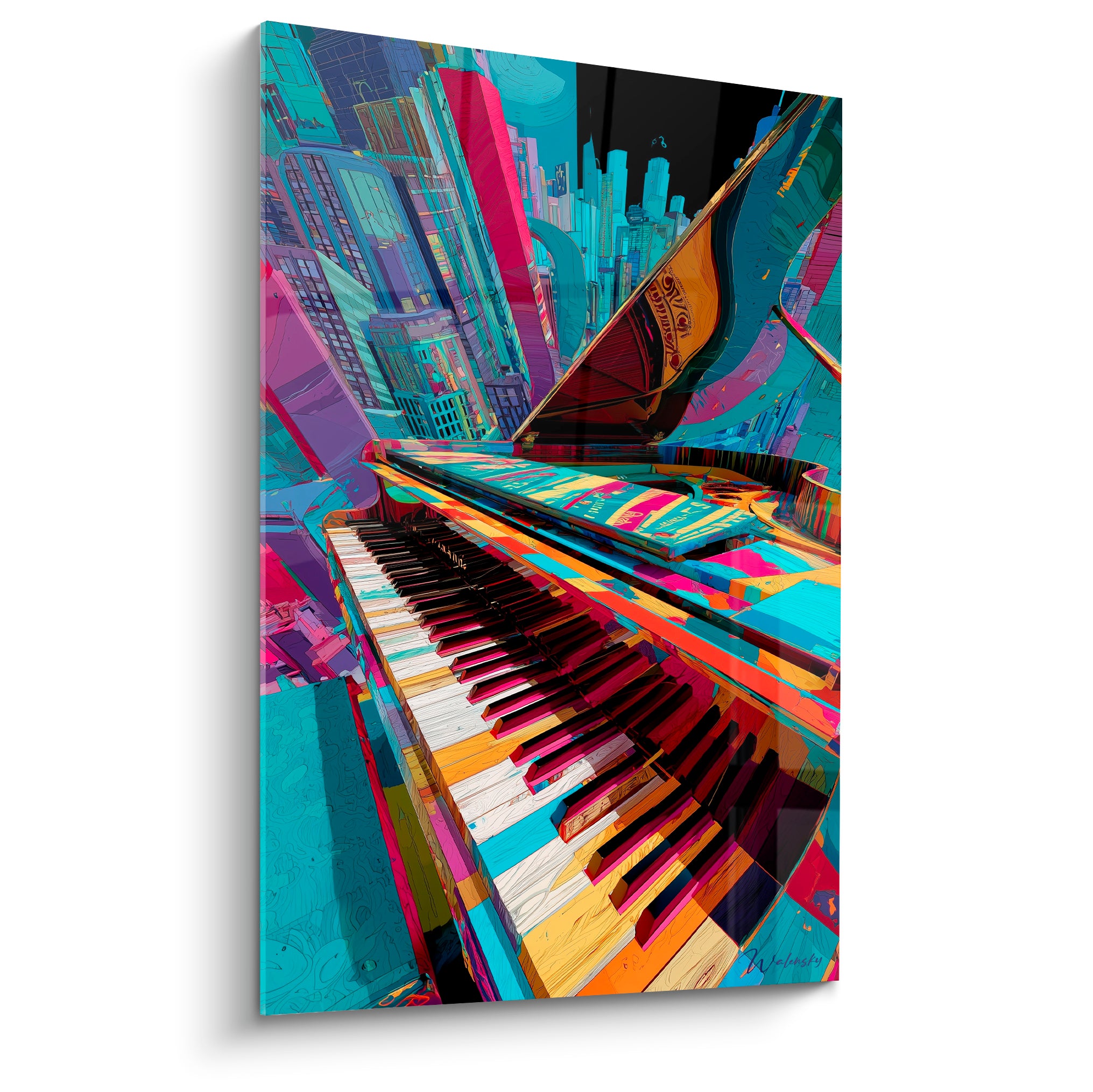 Piano à queue métamorphosé en ville turquoise et magenta, touches noires et blanches fragmentées de couleurs vives