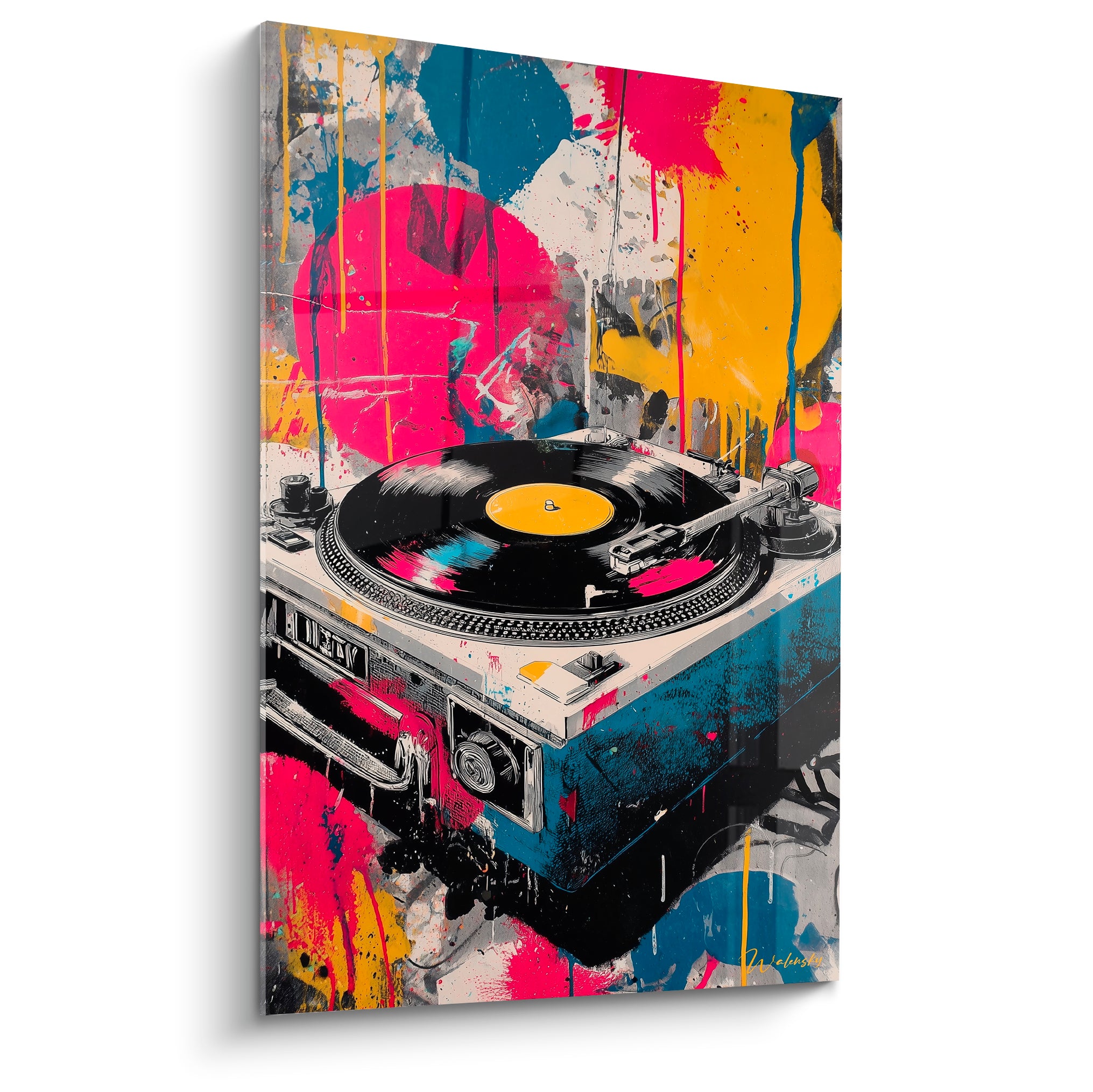 Platine vinyle noire aux éclaboussures rose fuchsia et jaune moutarde, tableau Musique style urbain graphique