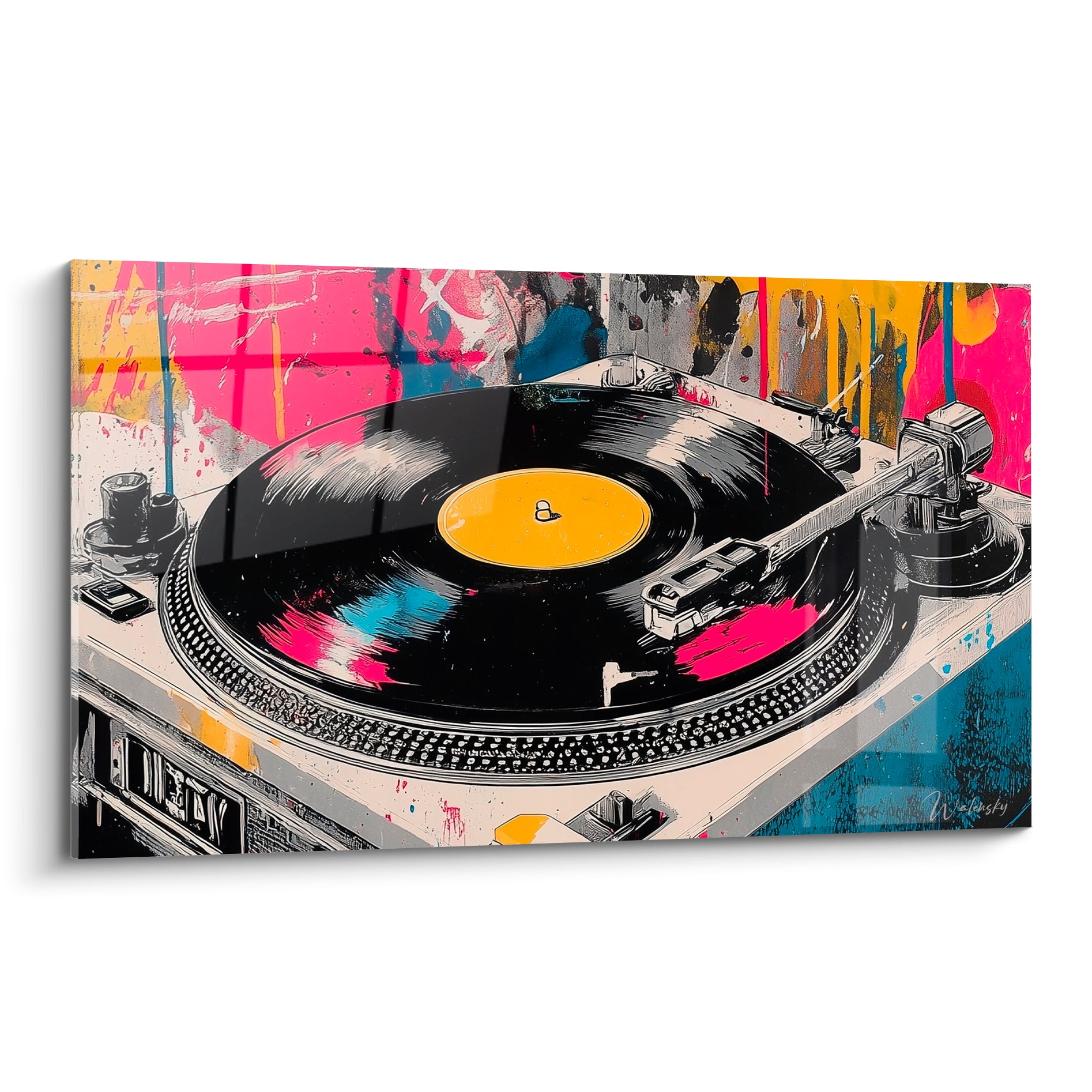 Platine vinyle noire et jaune éclaboussée de rose et bleu pastel sur fond graffiti