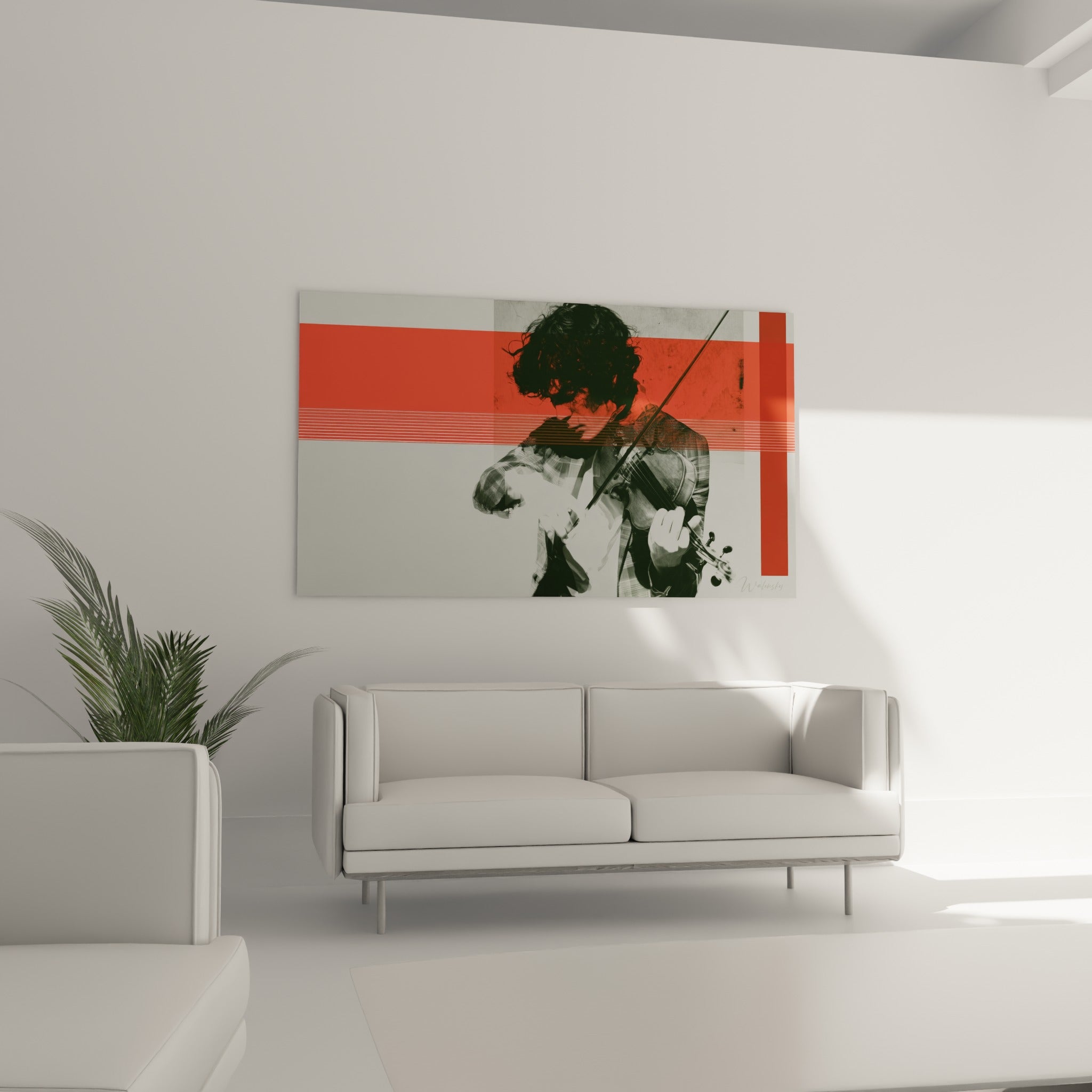 Silhouette du violoniste saisie en noir et blanc traversée de rouge brique, au-dessus d'un canapé dans un salon lumineux