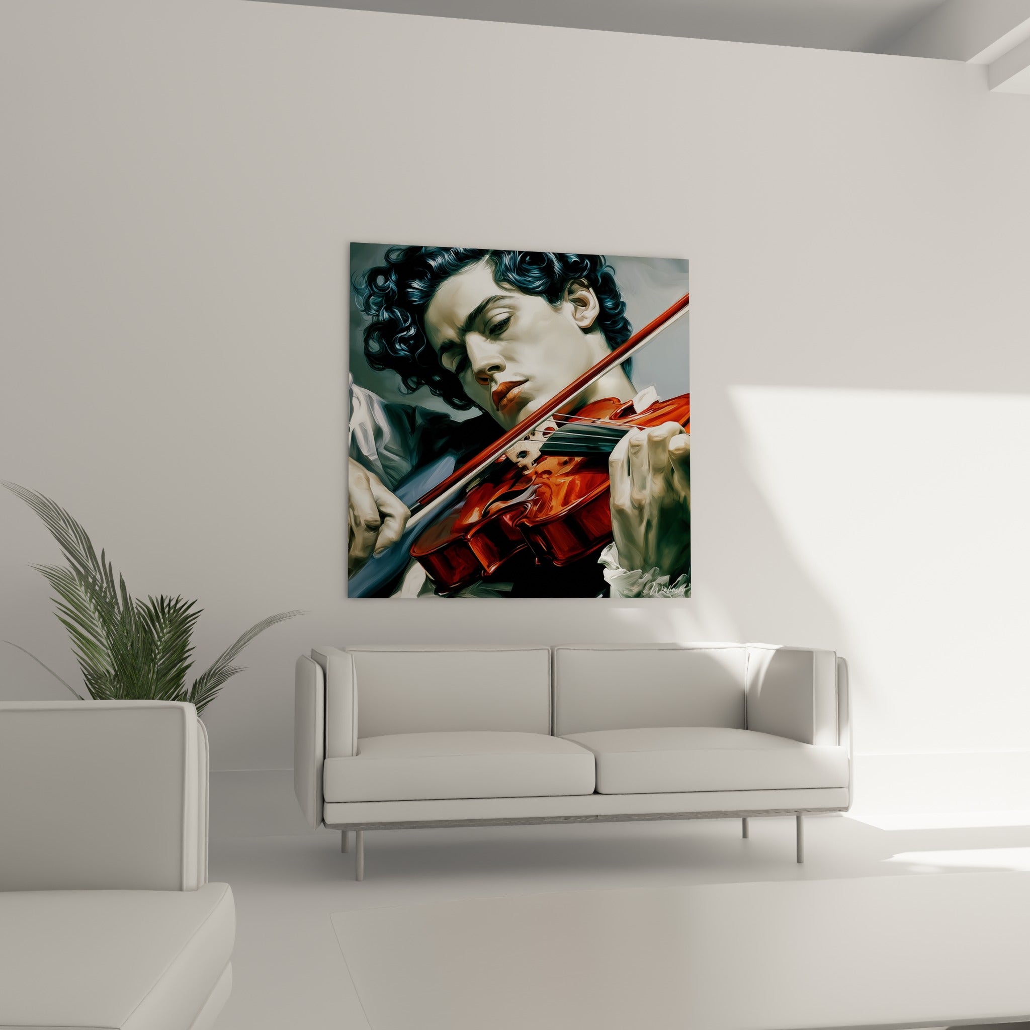 Portrait intense d'un violoniste en camaïeu gris et rouge sombre, au-dessus d'un canapé dans un salon lumineux