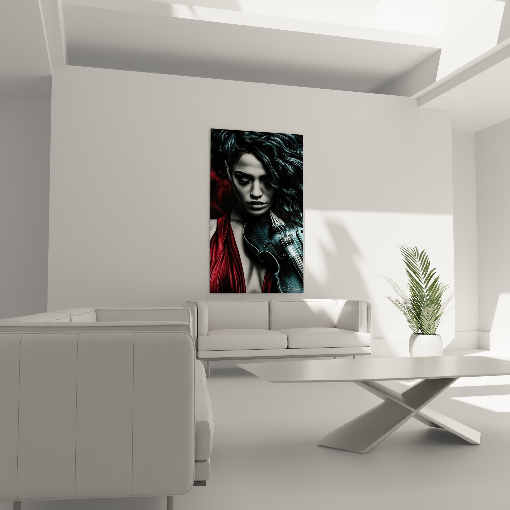 Portrait de violoniste en noir et blanc rehaussé de rouge, au-dessus d'un canapé dans un salon lumineux