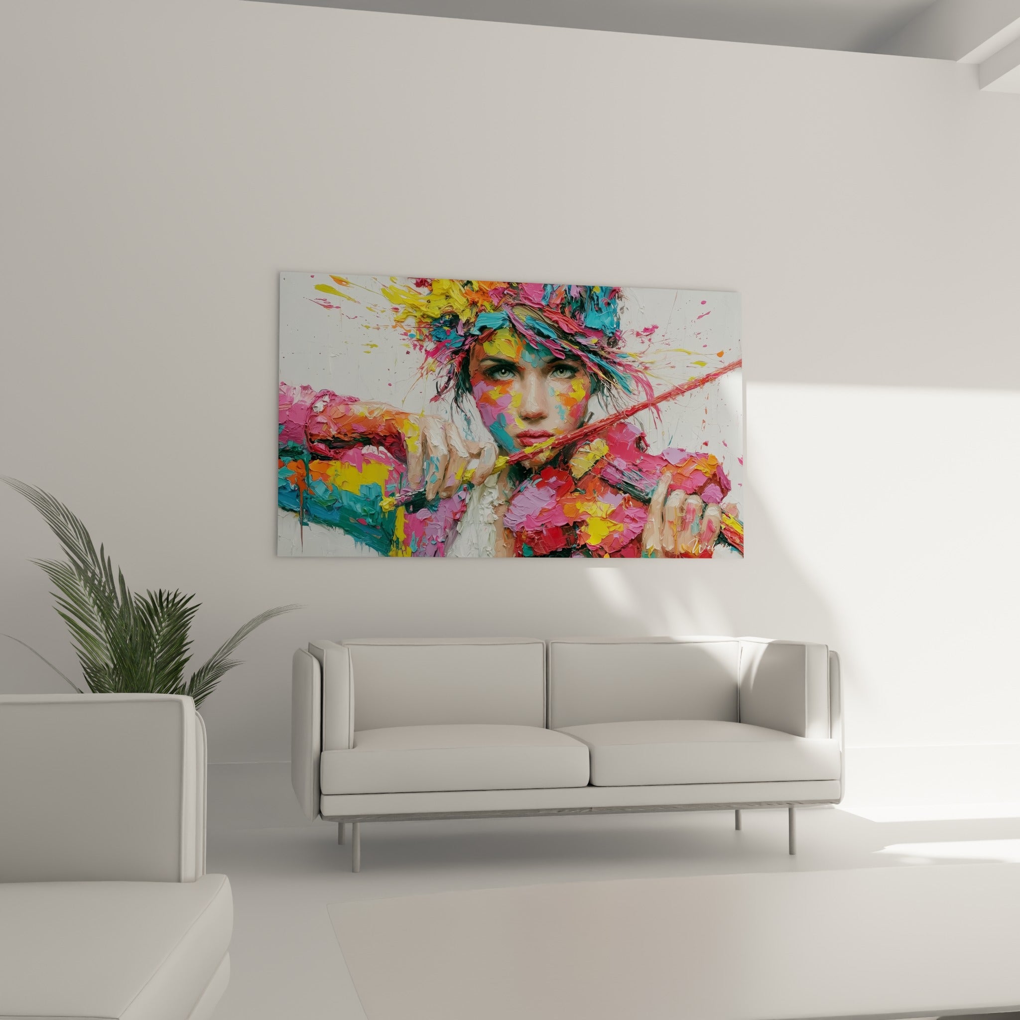 Portrait expressif en rose et bleu turquoise d'une violoniste, disposé au-dessus d'un canapé dans un salon lumineux
