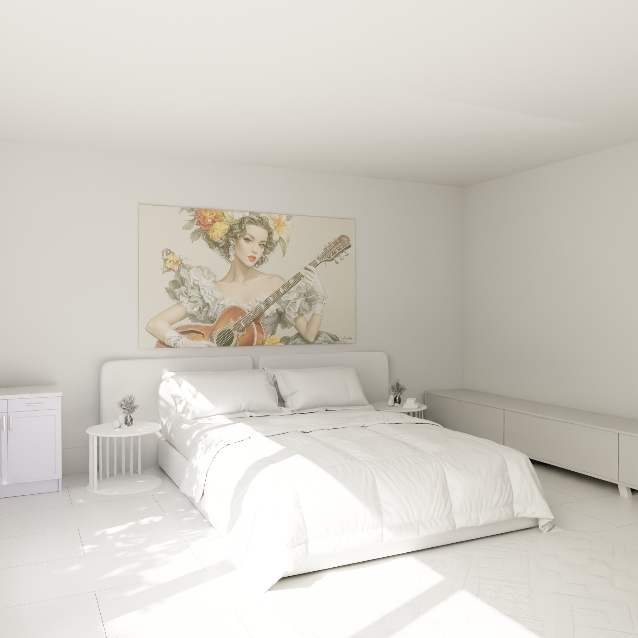 Portrait Musique en gris sauge et terracotta, guitare acajou, au-dessus d'un lit dans une chambre claire