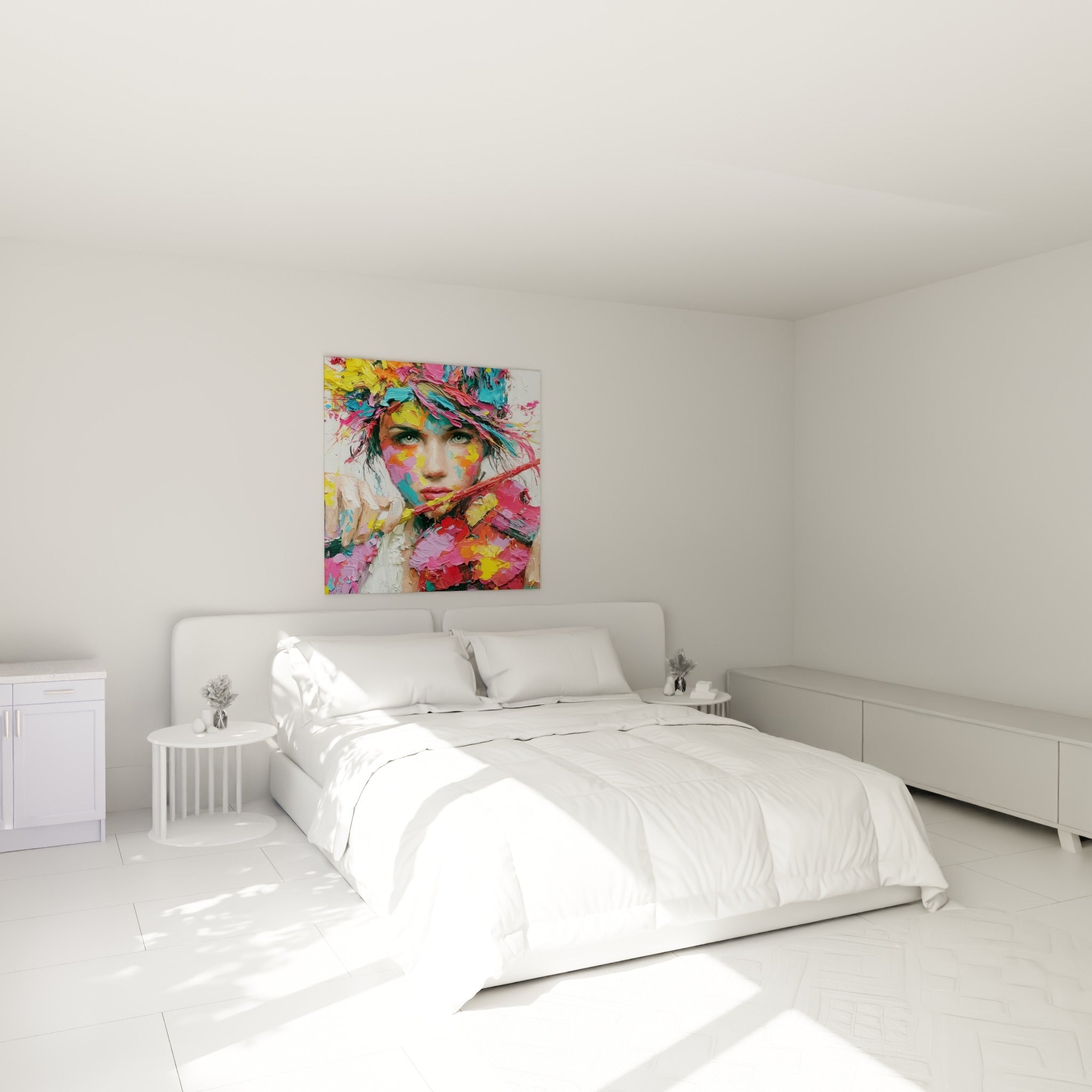 Portrait coloré d'une musicienne aux touches jaunes et corail, au-dessus d'un lit dans une chambre claire