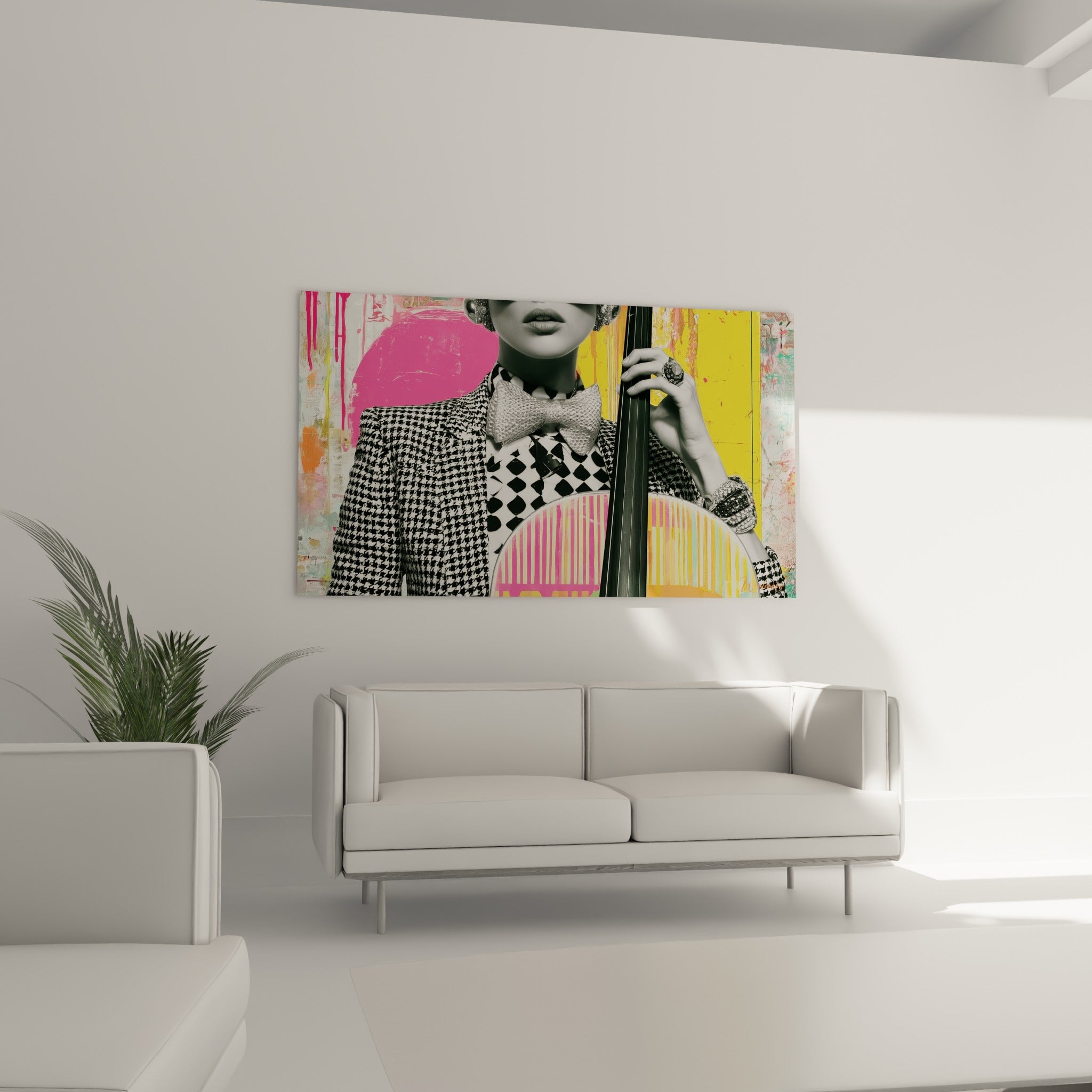 Portrait graphique en noir et blanc sur fond rose et jaune, au-dessus d'un canapé dans un salon lumineux