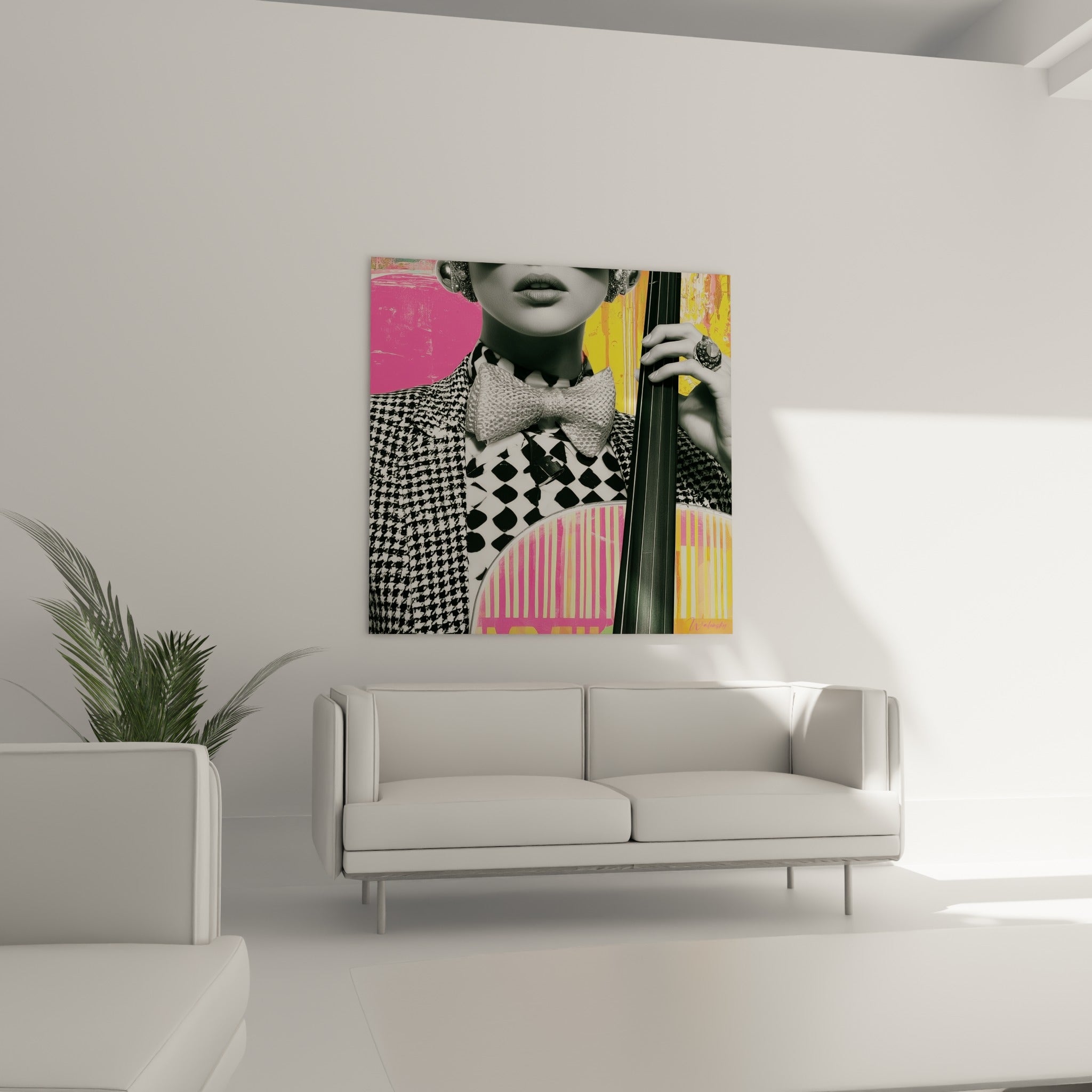Portrait de contrebassiste aux tons roses et jaunes vibrants, placé au-dessus d'un canapé dans un salon lumineux