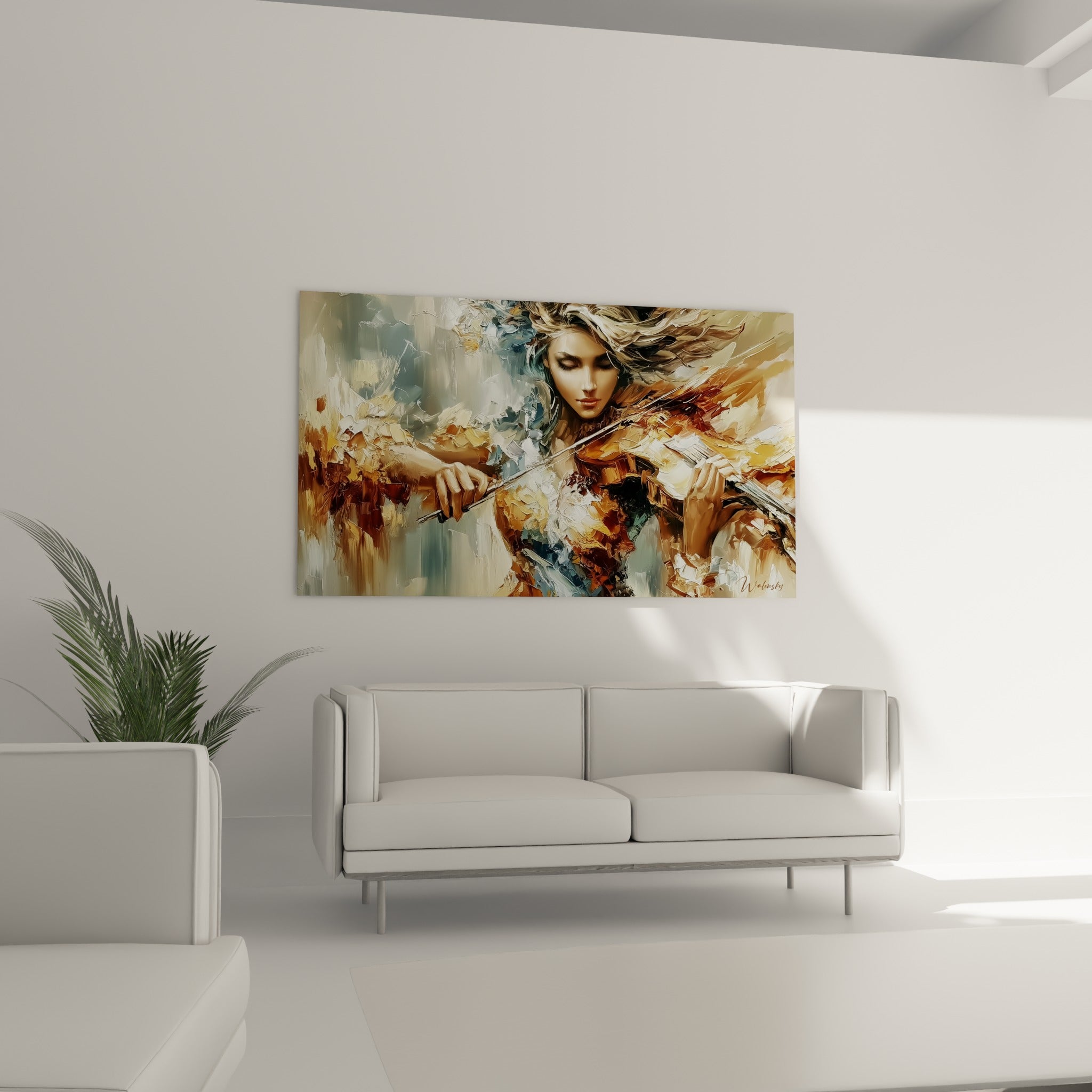 Portrait d'une violoniste concentrée, nuances ocre et grises, au-dessus d'un canapé dans un salon lumineux
